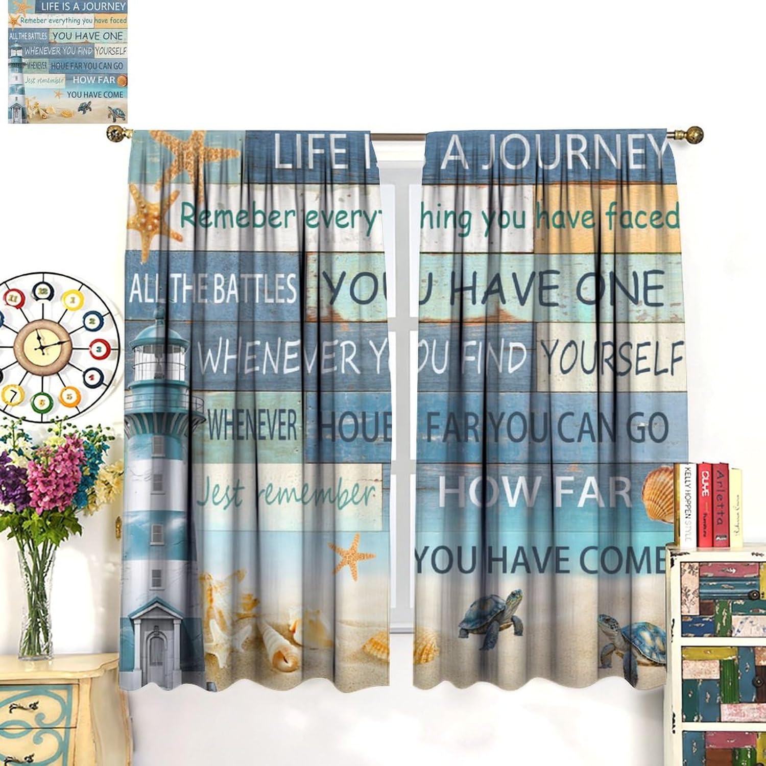 Nautical Lighthouse Curtains, Beach Ocean Turtle Starfish Seashell Drapes Rustic Vintage Wooden Coastal Sea Ocean Print Window Treatments for Bedroom Living Room 42x54 Inch (No Blackout)
