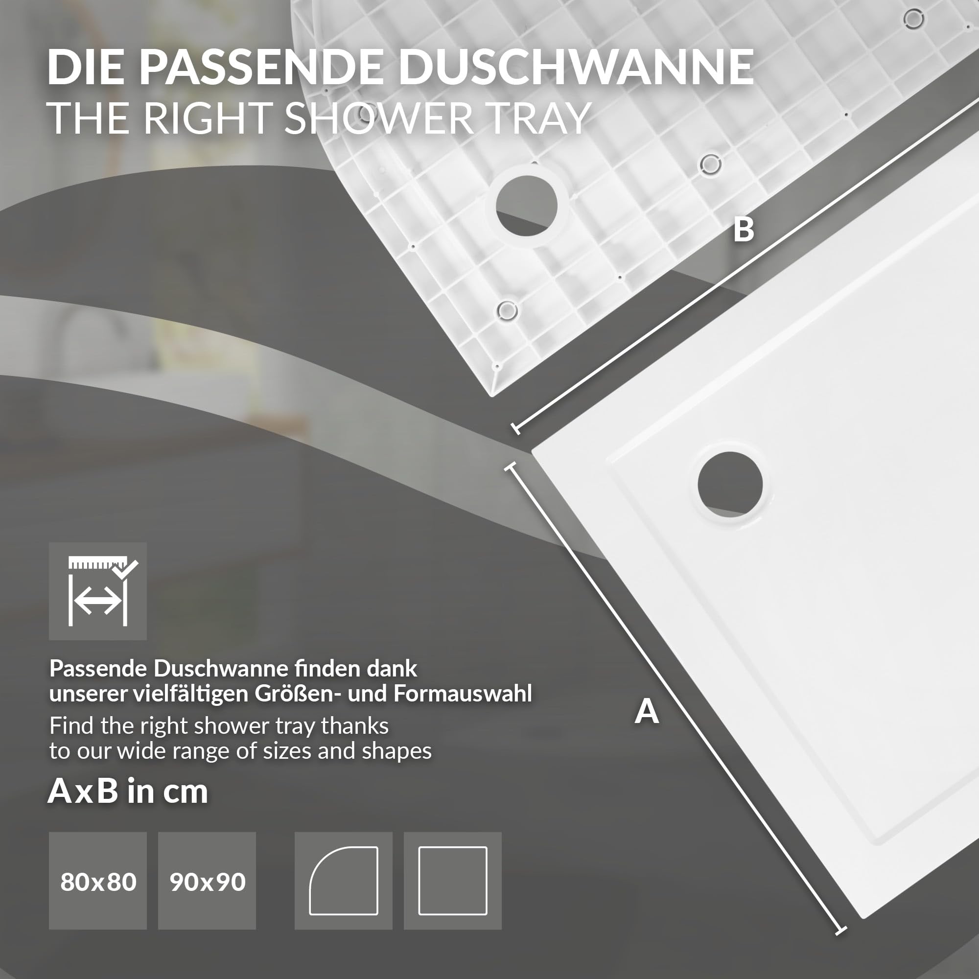 LuxeBath Piatto Doccia Semicircolare 80x80 cm Slim, Salvaspazio, in SMC, Ultra Piatto, Altezza 40 mm, Bianco, Raggio 55 cm, con Piletta e Sifone, Gruppo di Scarico Completo 3 Modalita di Installazione