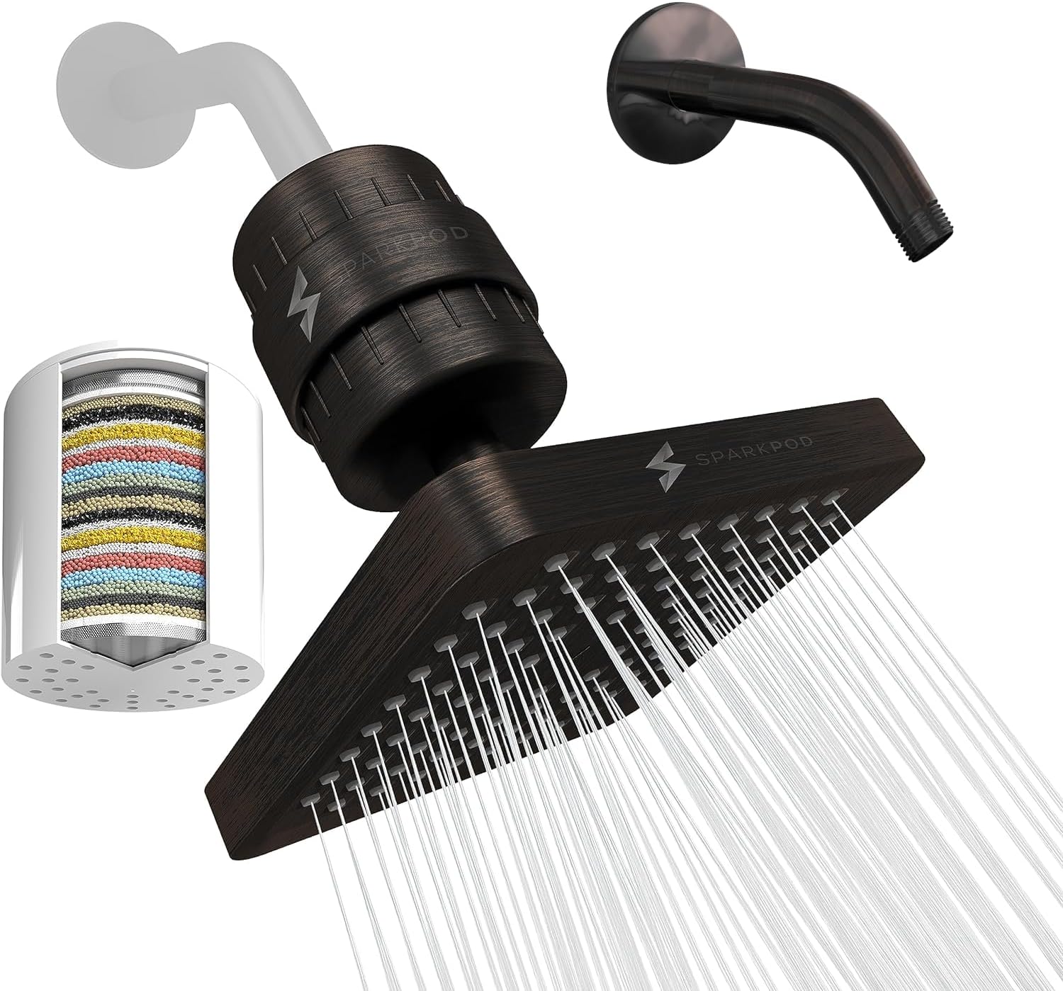 SparkPod Luxury Filtered Shower Head Set 23 Stage Shower Filter with Shower Arm - Removes Chlorine and Heavy Metals - High Pressure Showerhead Filter (6" Square, Vintage Oil-Rubbed Bronze)