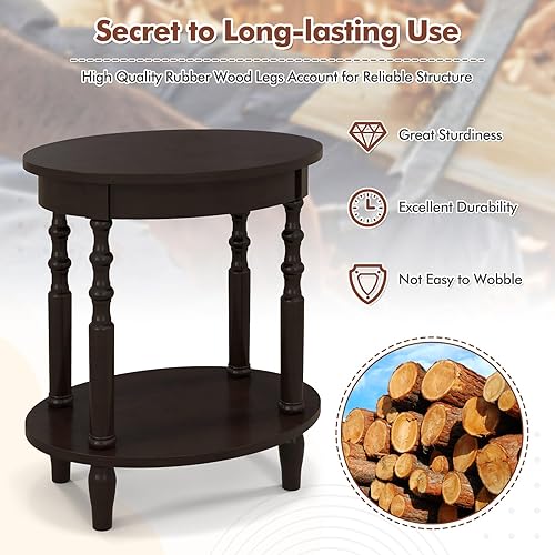 Miniatura 5 de Giantex Mesa auxiliar ovalada, mesa auxiliar de 2 niveles con estante de almacenamiento y patas de madera maciza, mesa decorativa moderna para sala