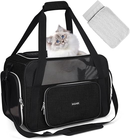 BAGLHER Pet Travel Carrier, Cat Carriers Dog Carrier for Small Medium Cats Dogs Puppies, Airline Approved Small Dog Carrier Soft Sided, Collapsible Puppy Carrier. Black