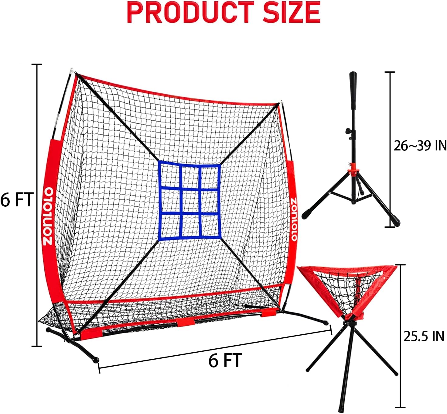6x6ft Portable Baseball & Softball Net for Hitting,Pitching, Batting and Throwing, with Sturdy Bow Frame,Batting Tee, Ball Caddy and Strike Zone, Middel Size, Great for Kids! - Image 2