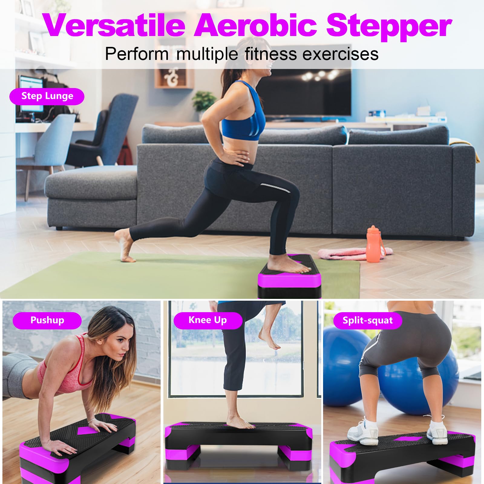 Fitness-Trittbrett, Aerobic-Stepper, 27-Zoll-Trittplatte, verstellbare Höhe (10 CM / 4 Zoll, 15 CM / 6 Zoll, 20CM / 8 Zoll), praktisch zu verstauen, Violett (LILA)