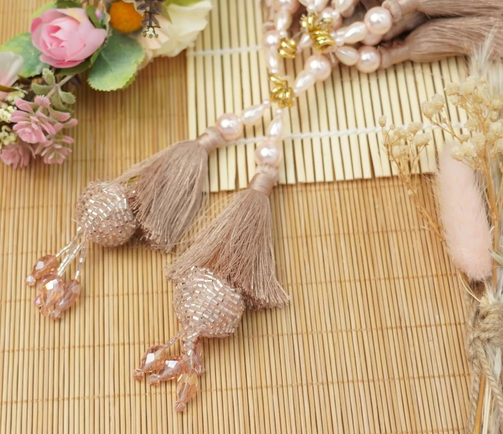 Feathers Creation Ltd Sew On Metallic Tassels Garland – Handmade Satin Thread & Beaded Latkan for Curtains, Saree Blouse Edging, Wedding Dress & Craft DIY – Pair of 5 Inch Tassels (Rose gold)