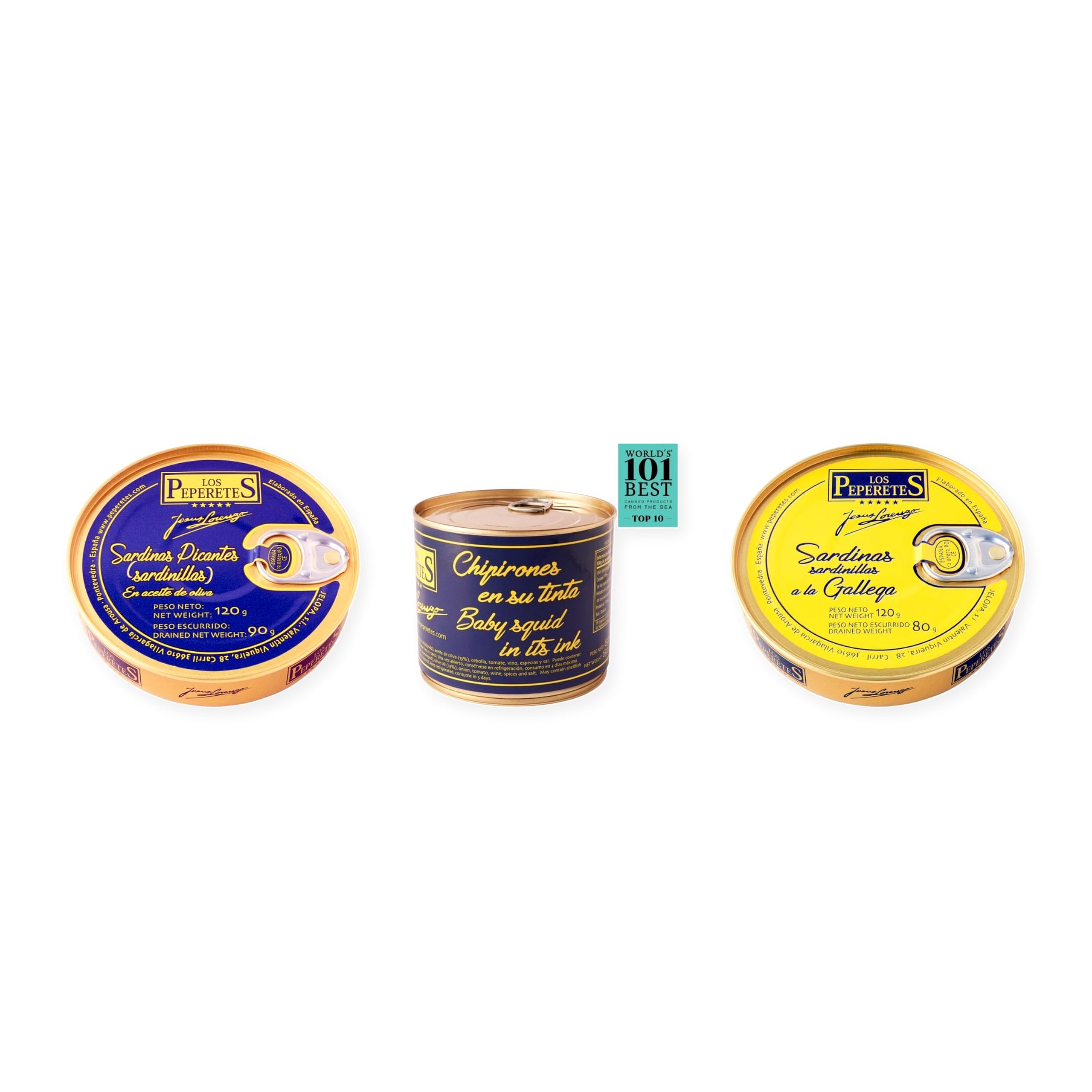 los peperetes conservas Sardinillas Picantes, Chipirones Tinta 460g y Sardinillas Gallega pack 3 latas