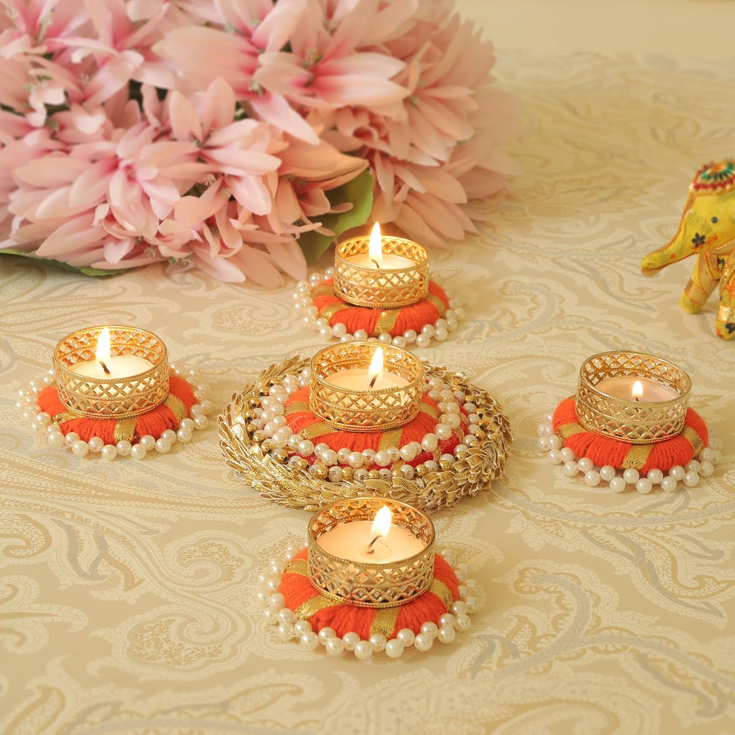 TIED RIBBONS 5 pcs Handmade Tea Light Candle Holder for Pooja | Tealight Candle Holder for Diwali, Mandir, Temple | Indian Return Gifts for Housewarming | Diwali Decorations for Home, Diwali Gifts