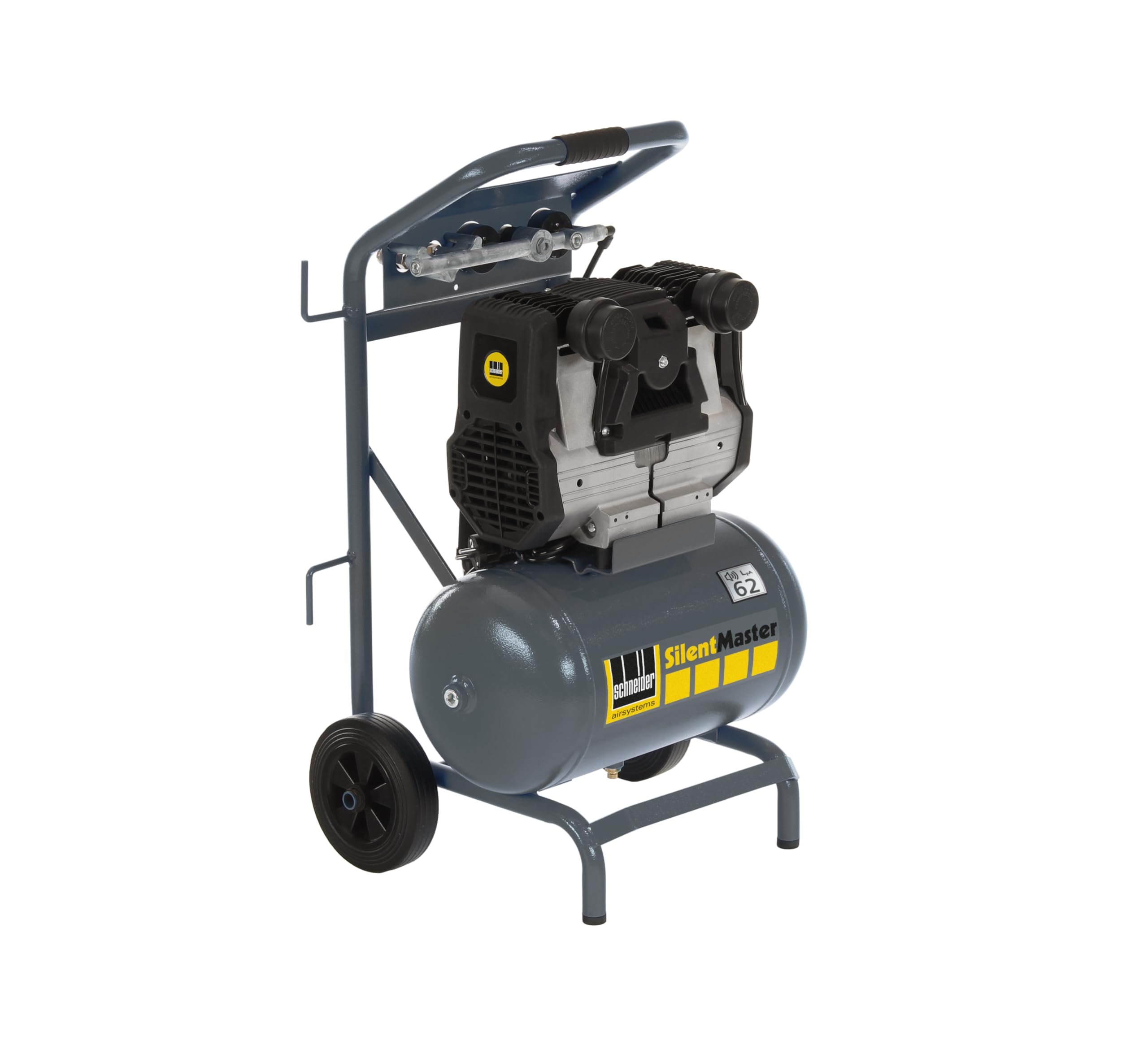 SCHNEIDER SILENTMASTER Leicht zu transportierender Luftkompressor 20 Liter Ölfrei Maximaler Druck 9 Bar Leistung: 2 PS Geräuschpegel: 62 dB LwA