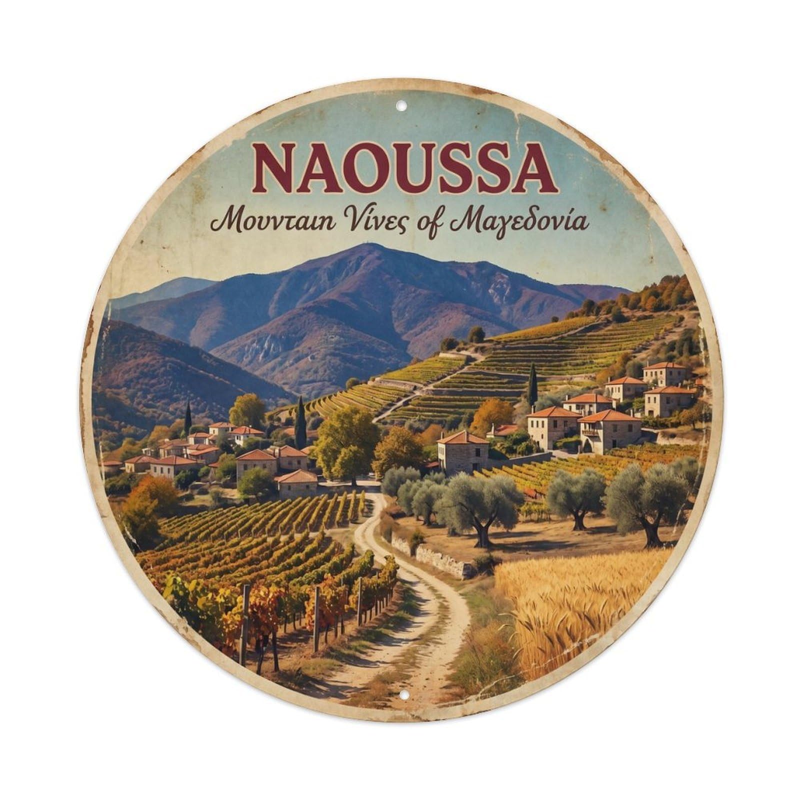 Vintage Travel Naoussa Vineyards Greece Metal Tin Sign Plaque Wall Decor for Cafe, Club Bar, Office, Home Garden Round Metal Poster 8x8Inch