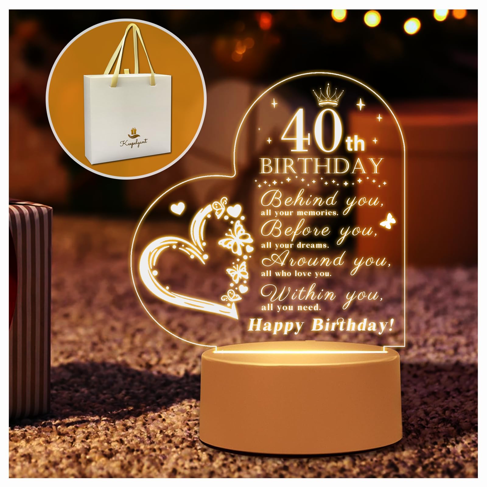 Keepelgant 40th Birthday Gifts for Women, Acrylic Night Light, 40th Birthday Presents for Wife, 40th Birthday Gifts, 40th Birthday Gift Ideas, 40th Birthday Ideas for Mom and Dad [Energy Class F]