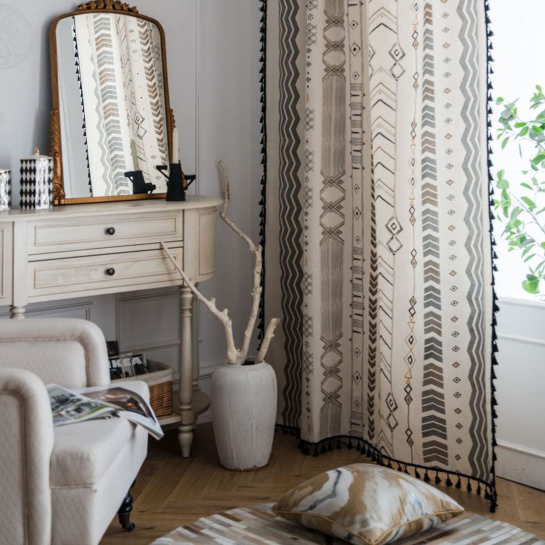 Boho Vintage - Tende con pompon semioscuranti, con occhielli, in cotone e lino, per soggiorno, camera da letto, motivo B, 150 x 220 cm