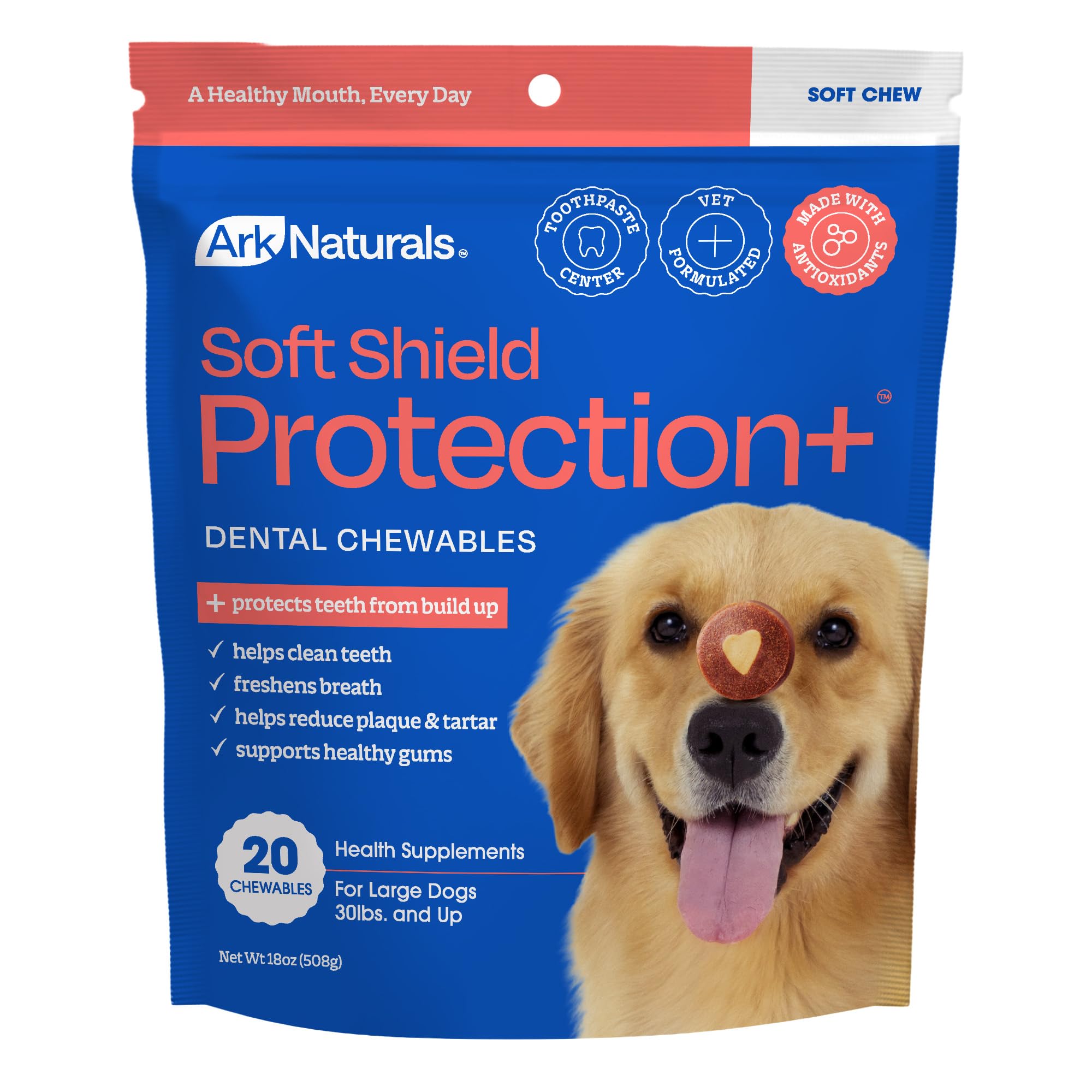 Ark Naturals Soft Shield Protection+ Brushless Dog Dental Treat, Large 20ct