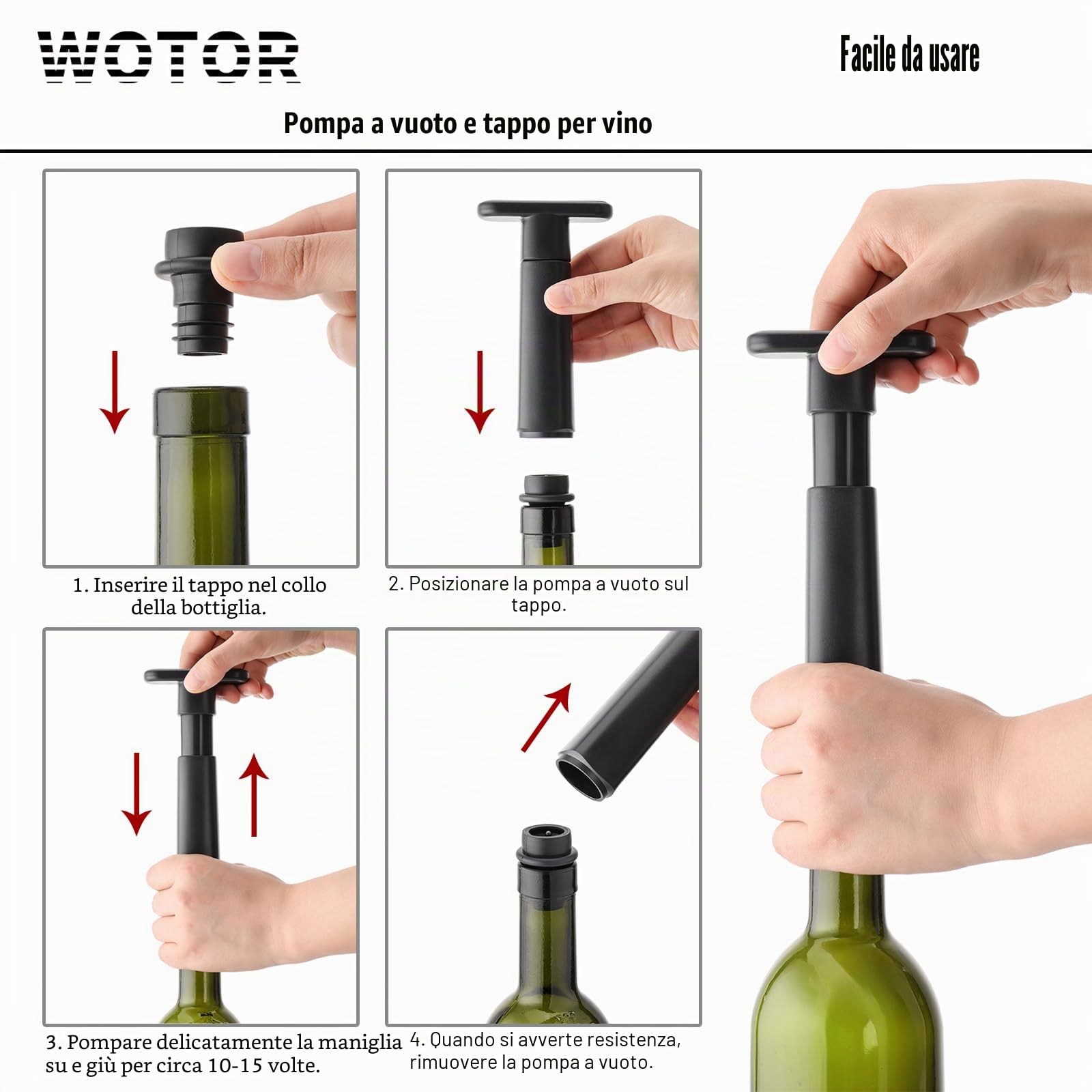 WOTOR Pompa sottovuoto per vino, con 20 tappi, tappo e conservante, riutilizzabile, mantiene fresco, accessorio ideale come regalo (manico piatto)