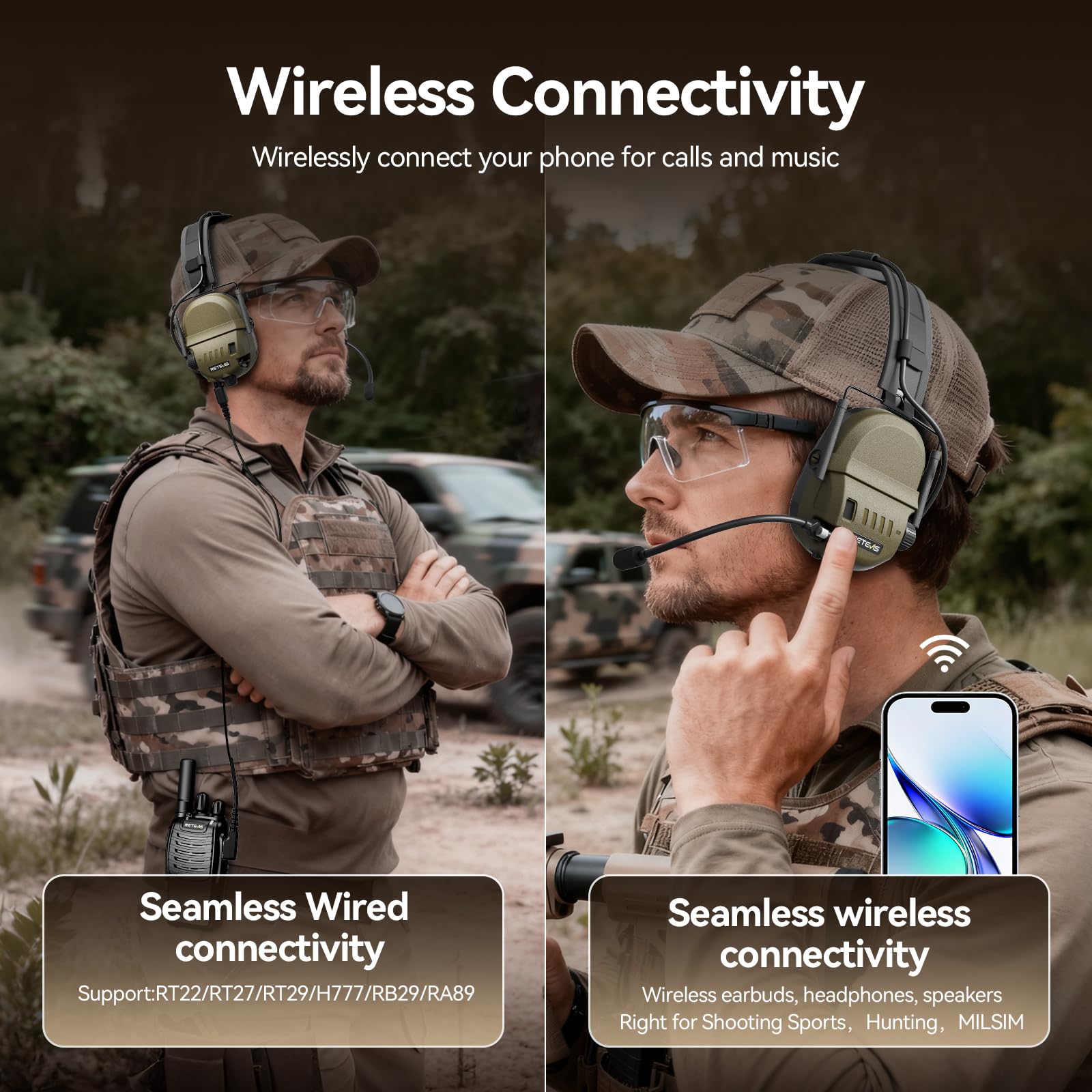 Retevis EH080K Taktisches Headset, Elektronisches Headset mit Geräuschunterdrückung und Tonaufnahme für die Jagd, Kabelloses Komfortables Kompatibel mit RT24, RT27, H777, RA89, RT85, RT86 (1 Stück)