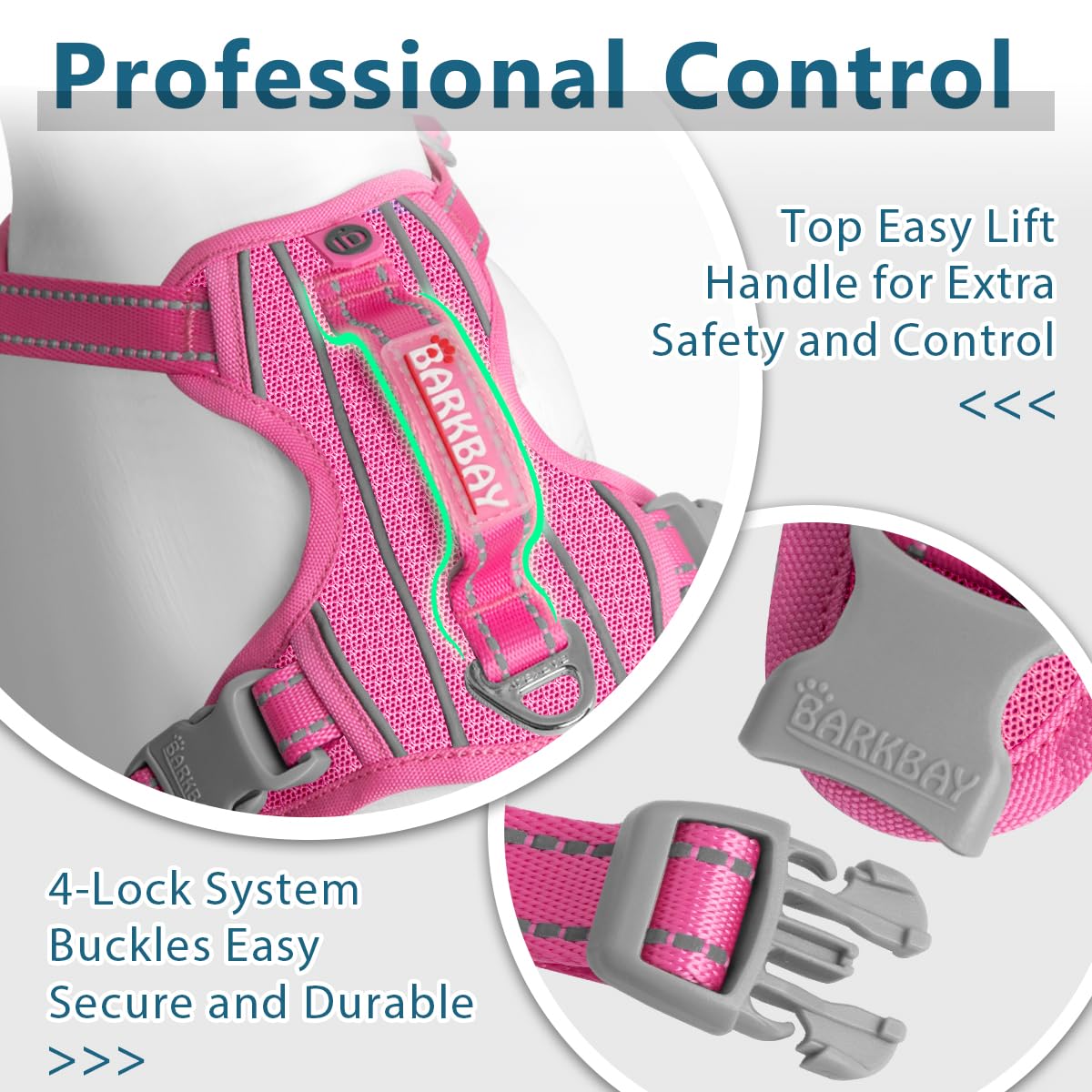 BARKBAY Arnés antitirones con Clip Frontal para Perro, Resistente, Reflectante, asa de fácil Control para pasear Perros Grandes, Bolsillo para Etiqueta de identificación (Rosa, L)
