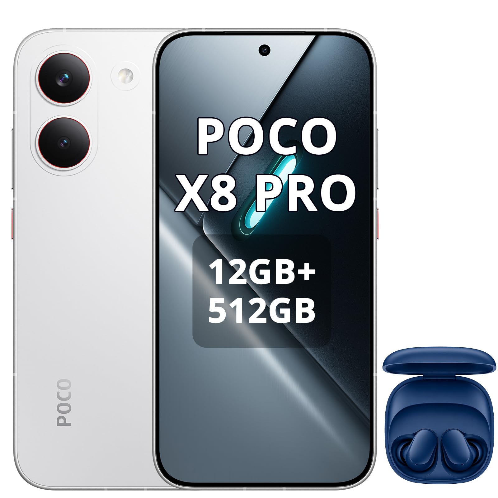 XIAOMI POCO X8 Pro Smartphone 12+512GB,processore Dimensity 8500-Ultra,batteria da 6500 mAh,sensore Sony IMX882 da 50 MP con OIS,fotocamera da 50 MP,Bianco,incluso cuffie smart incluse Blu