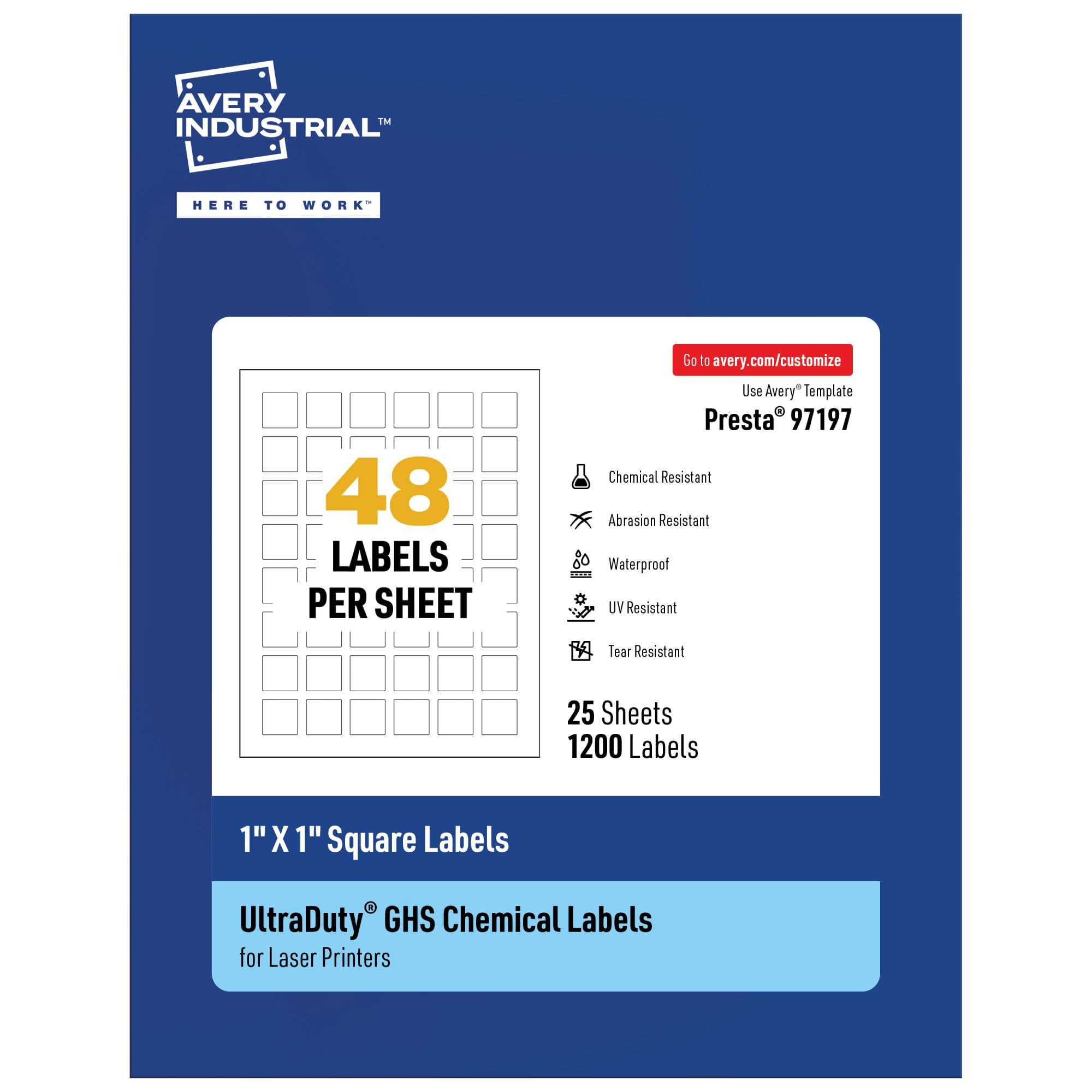 Avery UltraDuty GHS Labels, Waterproof, 1 X 1 White Square Labels, 1200 Total, Use with Laser Printers