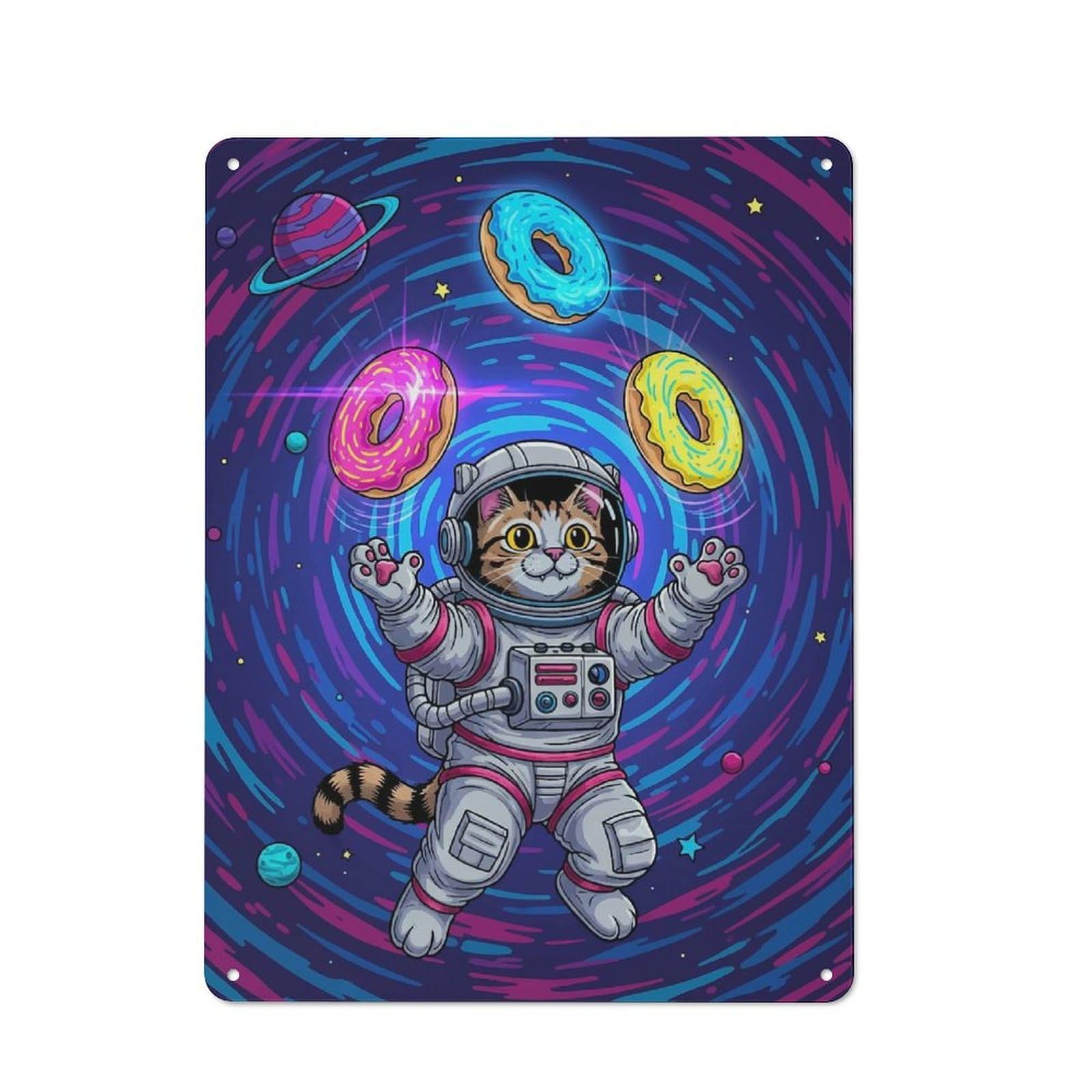 Junmoney Astronaut Cat Juggling Donuts In Space Vintage Tin Sign 40X30cm For Hobby Room Or Studio, A New Home Present For Creative Interior Collectors