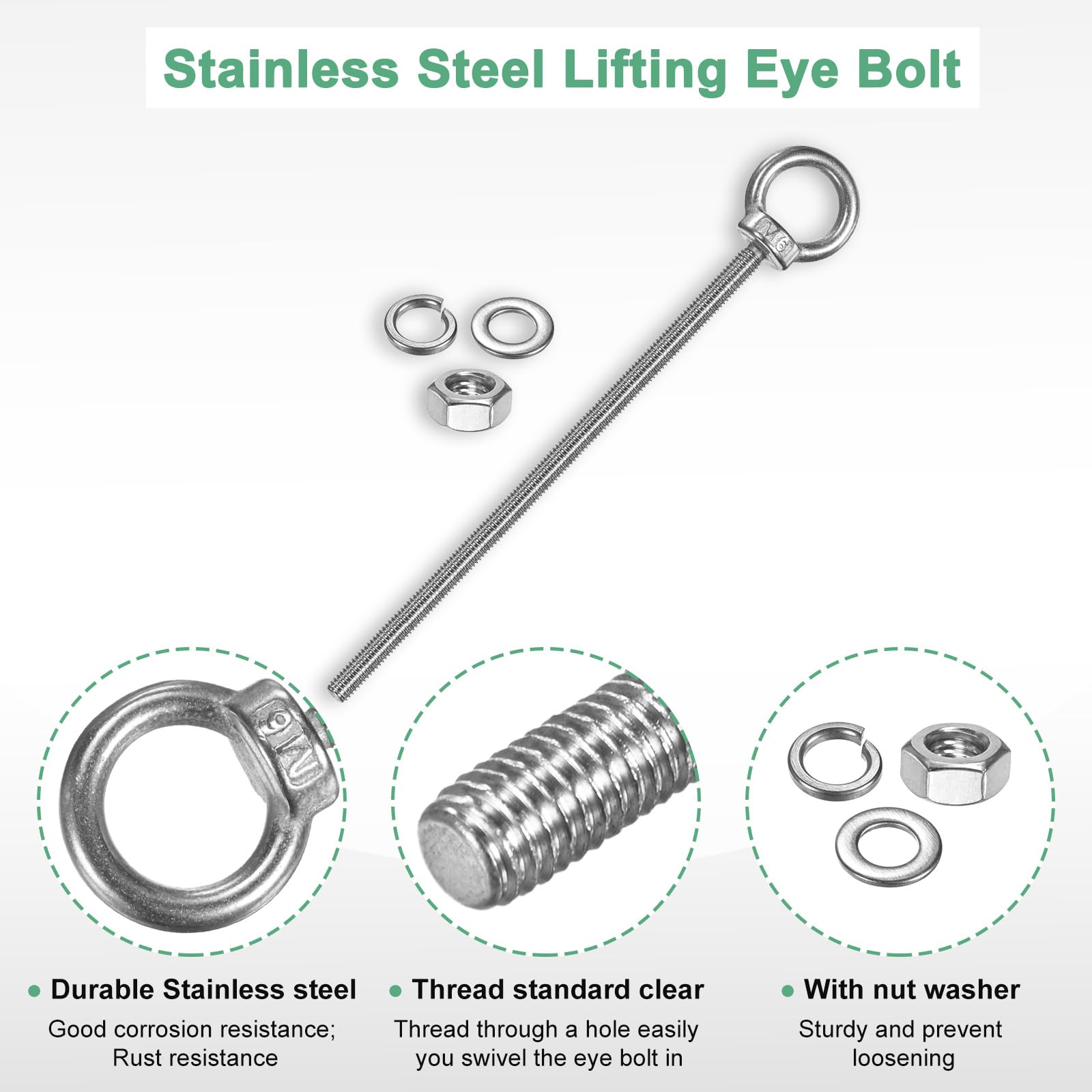 M METERXITY 10-Sets Stainless Eyebolt M6x148mm Shoulder Lifting Eye Bolt with Nuts Washers Male Screw Thread Ring Shoulder Eye Bolts Length 5.83 Inch for Suspending/Fastening - Image 2