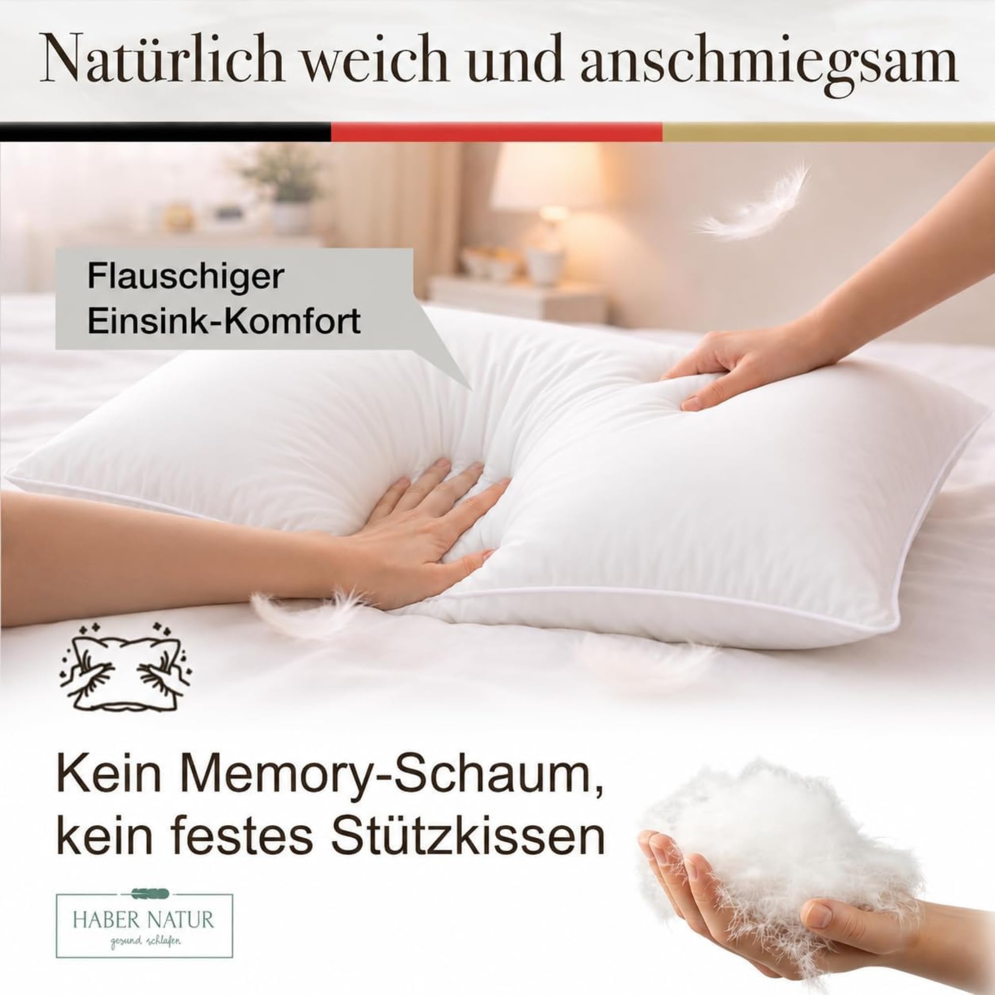 HABER NATUR 3-Kammer Daunenkissen 40x80 2 Stück-Made in Germany-Kopfkissen | 90% Daunen & 10% Federkissen | 700g Füllgewicht |Allergiker geeignet (NOMITE) | Tierwohl (DOWNPASS) | Oeko-TEX Klasse 1