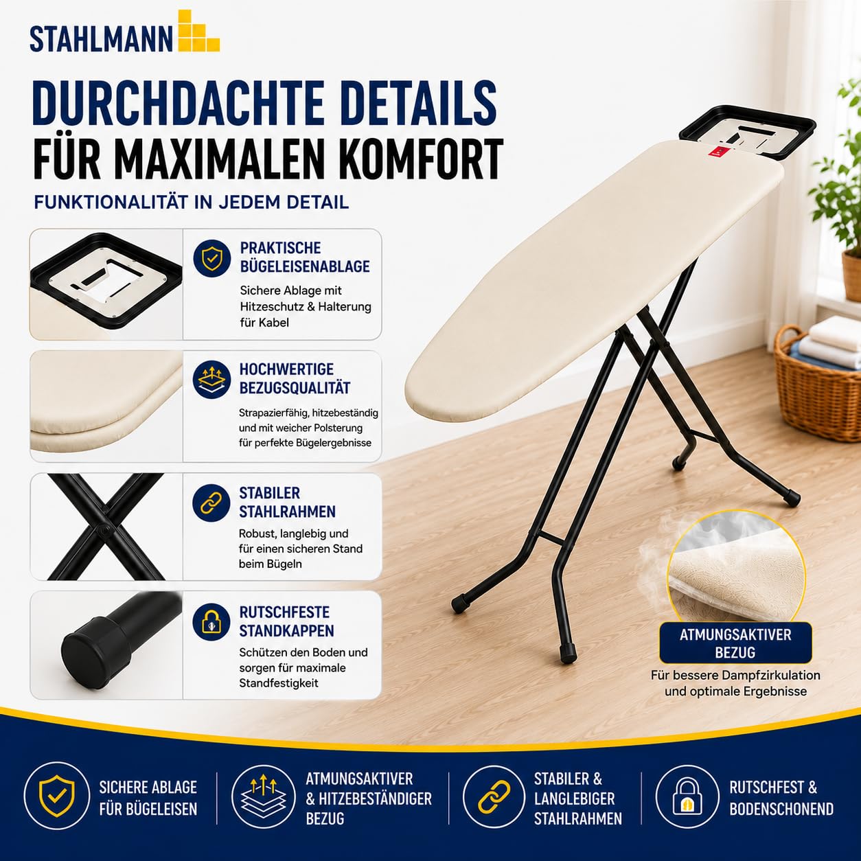 STAHLMANN® Bügelbrett für Dampfbügelstation [120 × 38 cm] Made in Europe | 100 % Baumwolle Turbobezug | höhenverstellbar | Bügeleisenablage | platzsparend klappbar