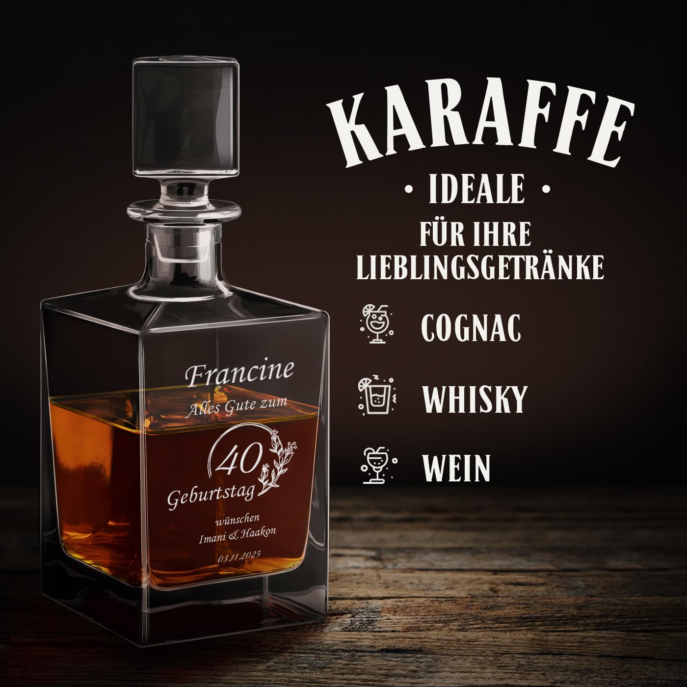 Maverton Whisky Karaffe 810 ml + 2/4 / 6 Whiskygläser mit Gravur 250 ml