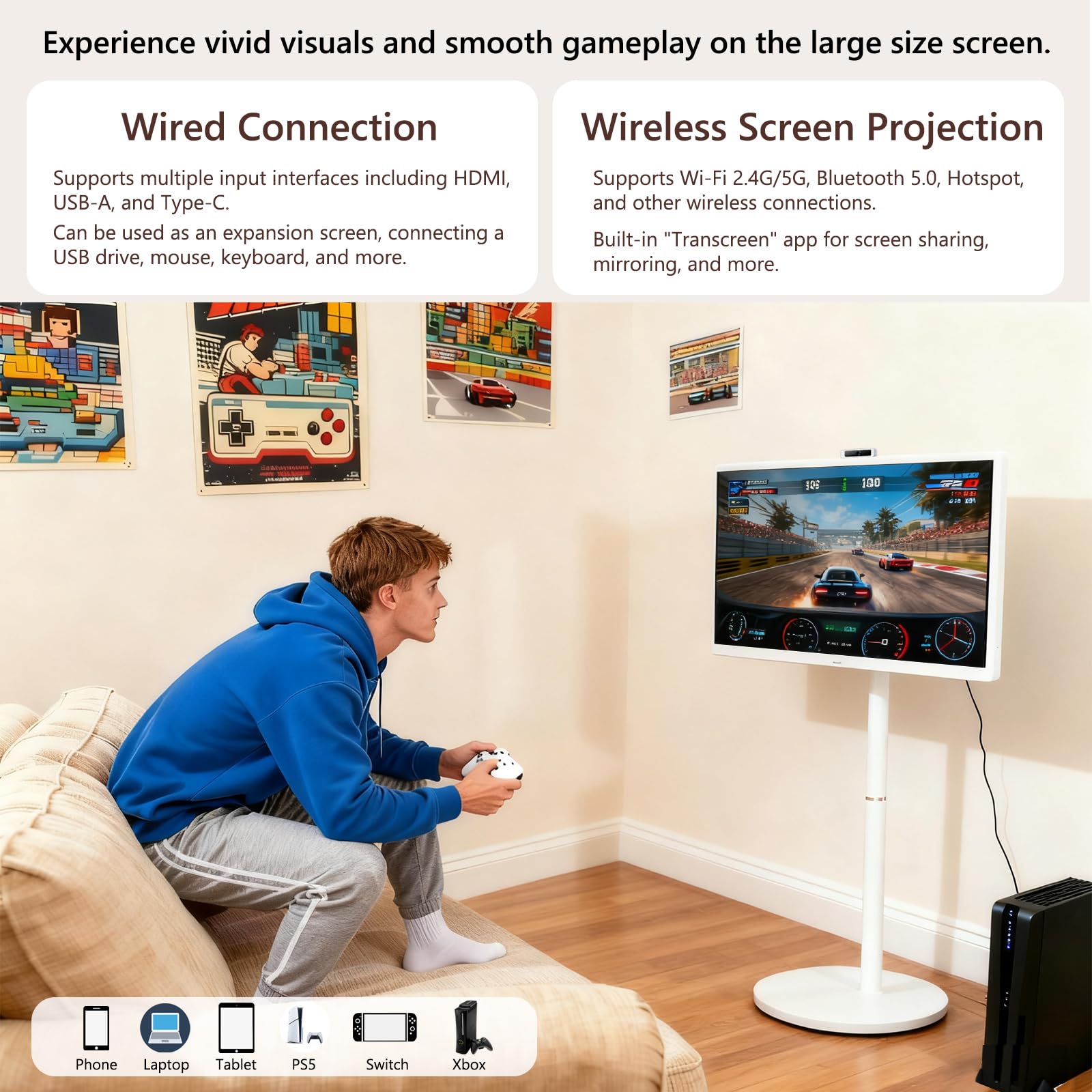 OFD TV portatile da 32 pollici su ruote FHD, Android 15, certificato EDLA, Rolling TV con 8+128GB ROM, monitor touch screen portatile, batteria incorporata 6-8H tempo di riproduzione, telecomando