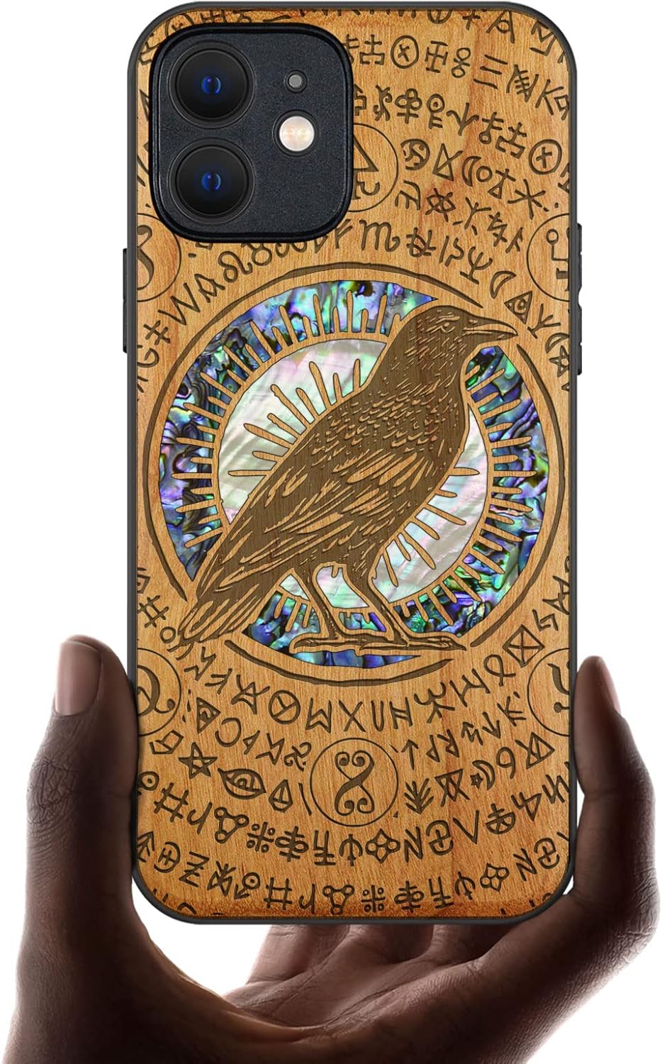 Carveit Designer Wooden Protective Case for iPhone 12 Mini Magnetic Cover [Wood Engraving & Shell Inlay] Wood Phone Case Compatible with 12 Mini MagSafe 5.4 Inch (Compass-Rosy)