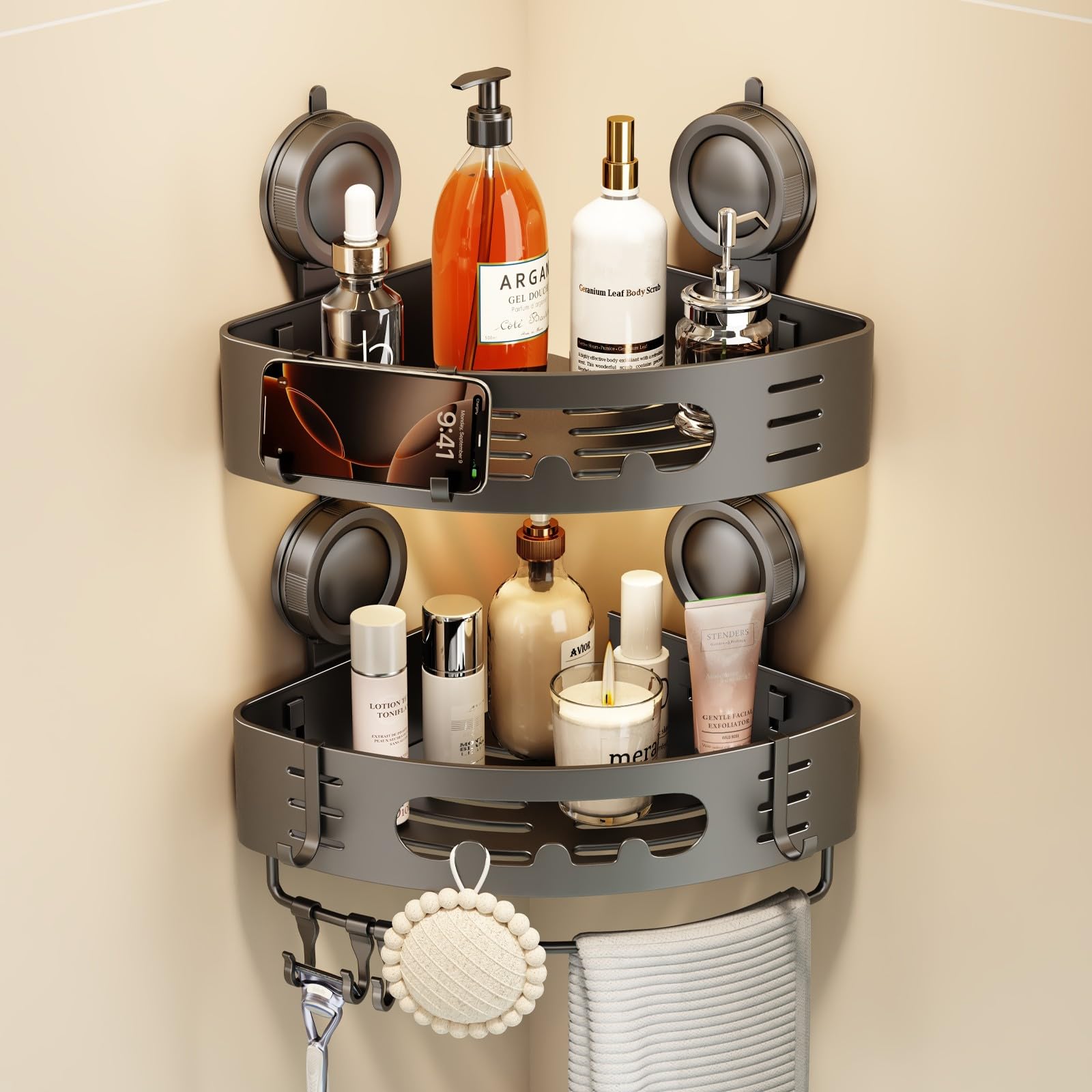 Voldra Corner Shower Caddy Suction Cup, Shower Shelf Coner No Drilling Bathroom Coner Shelves Aluminum Suction Shower Organiser Rack Adhesive Corner Caddy with Towel Bar Wall Mounted(2 Pack, Grey)
