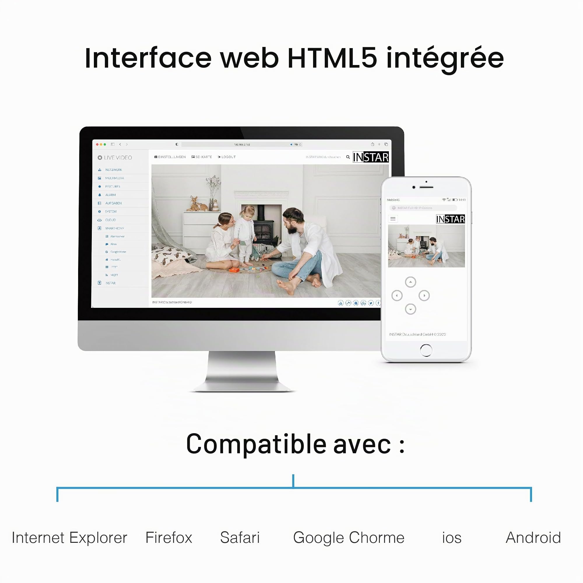 INSTAR IN-8415 2K+ Noir - Caméra de Surveillance LAN/PoE/WLAN avec IA - Caméra IP contrôlable - WPA3 - Wi-FI 2,4 et 5 GHz - Utilisation intérieure - PIR - PTZ - HomeKit - MQTT