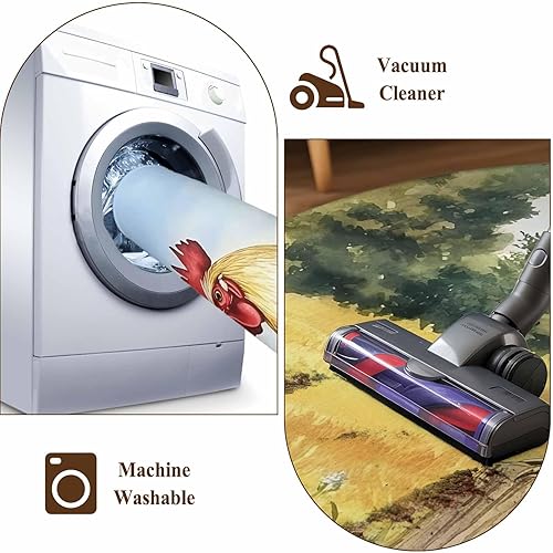 Miniatura 8 de 5ft Round Rug, Retro Rooster Non-Skid Rubber Backing Large Area Rugs - Living Room Bedroom Home Office, Spring Flowers Watercolor Animals Indoor