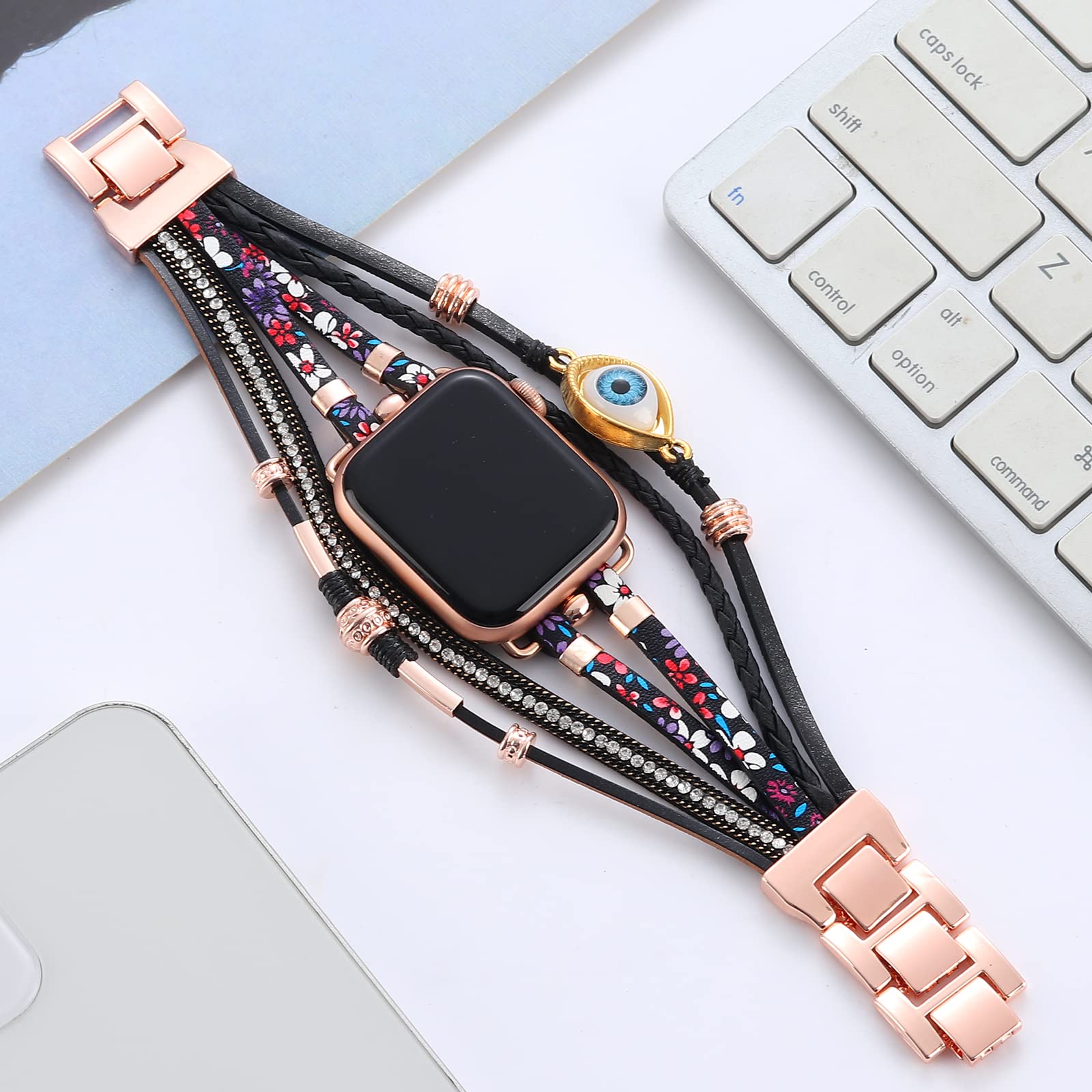 Posh skórzana bransoletka, paski kompatybilne z Apple Watch Band 38 mm, 40 mm, 41 mm, boho, ręcznie robiona biżuteria, wielowarstwowy pasek do smartwatcha, opaska na nadgarstek do iWatch serii SE, 7