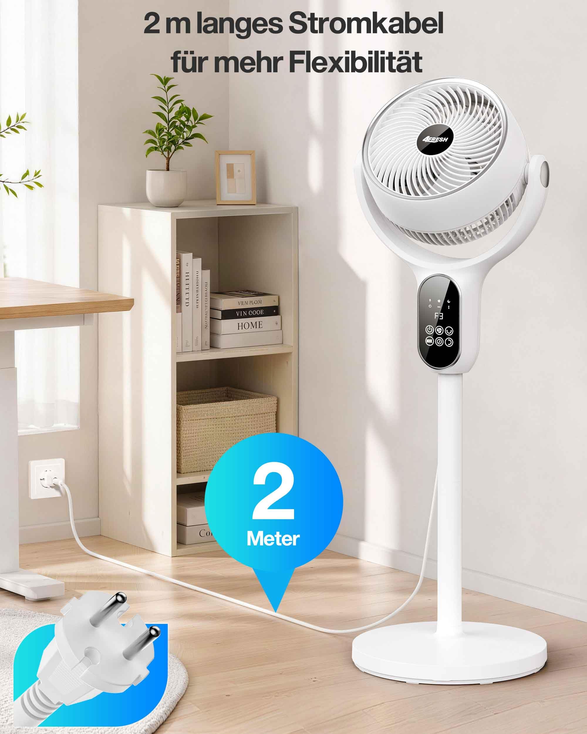 Luftzirkulator Standventilator, 70° horizontal und 90° vertikal oszillierend, max. 6,6 m/s, 6 Windstufen, 3 Modi, 12h Timer, Fernbedienung inkl. Knopfzelle, 2,2 m Netzkabel, Weiß