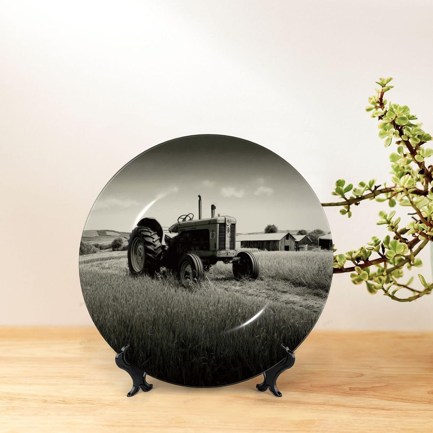 Decorative Plate 10in Bone China Dessert Plates with Display Stand Ceramic Ornament Ceramic Tractor Agriculture Tranquil Decorative Plates Art Crafts Porcelain Plate for Home Club Living Room