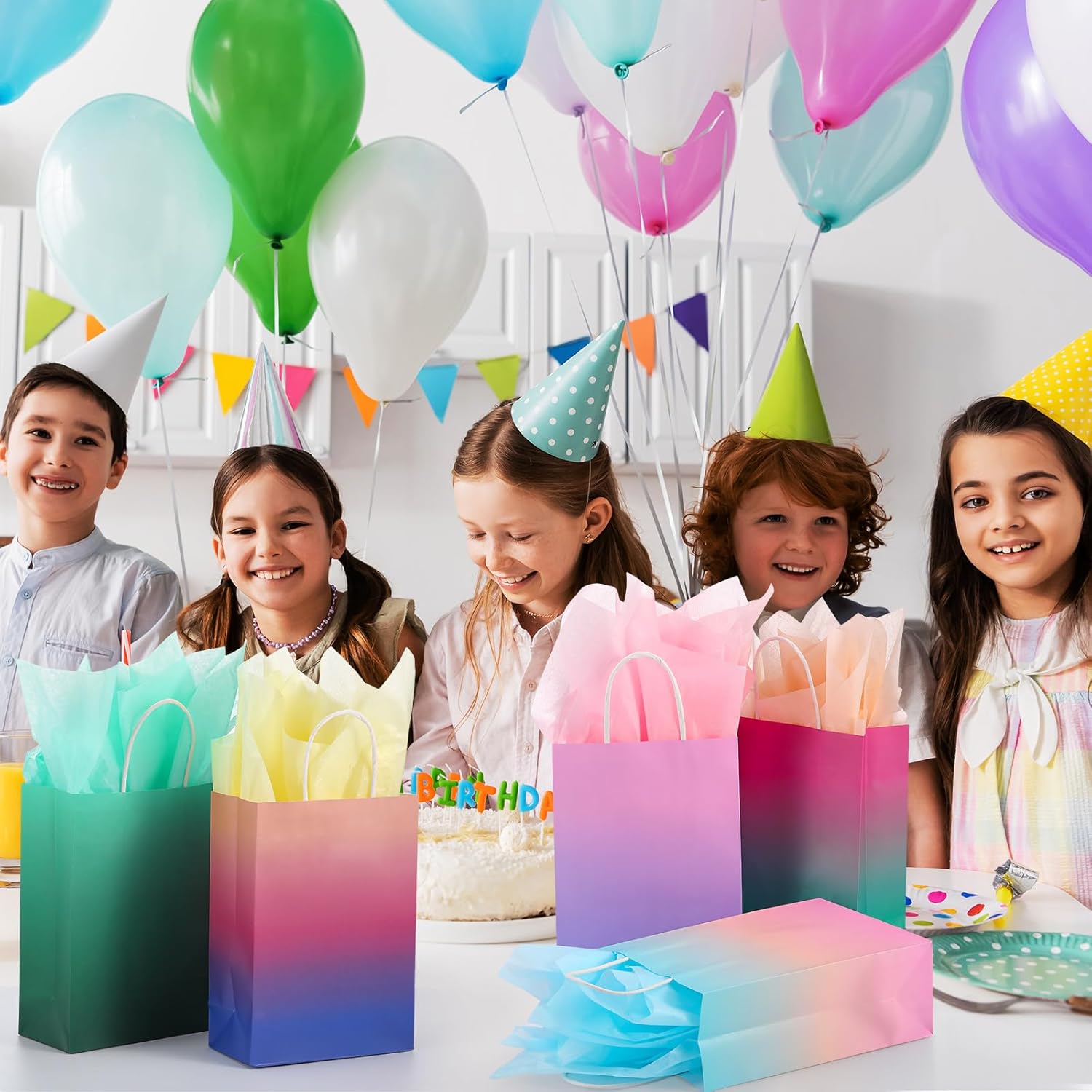 Pajean 24 Pack Ombre Gift Bags with Tissues Paper Gradient Paper Gift Bag with Handles Rainbow Party Favor Bags Kraft Goodies Treat Bag for Birthday Baby Shower Wedding Party Favors Supplies - Image 5