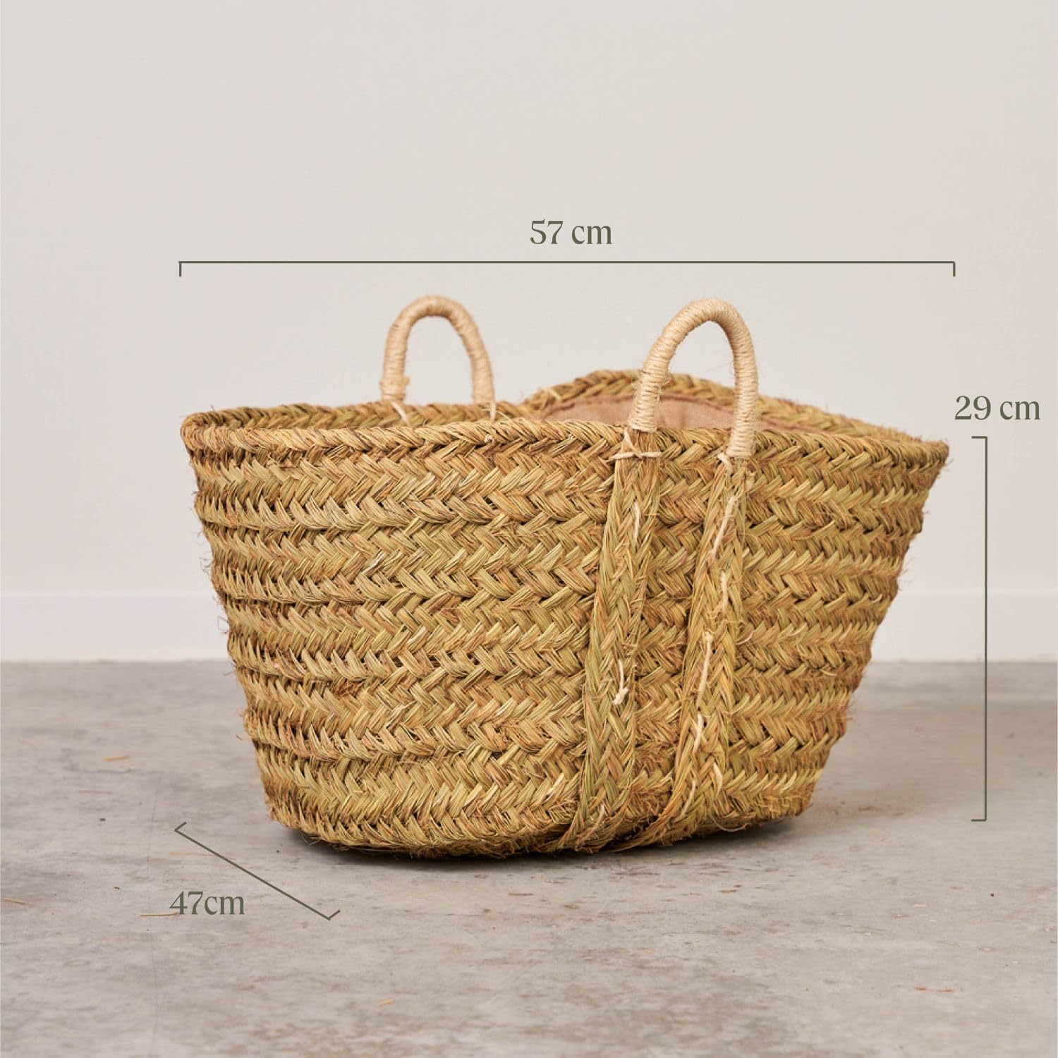Cesteria Aparici - Capazo Leñero de Esparto Forrado Grande XXL. Cesta para Leña Artesanal con Asas Reforzadas. Cesto Decorativo para Mantas y Almacenaje Rústico. (57x47x35 cm, Ref. 7110F-2).
