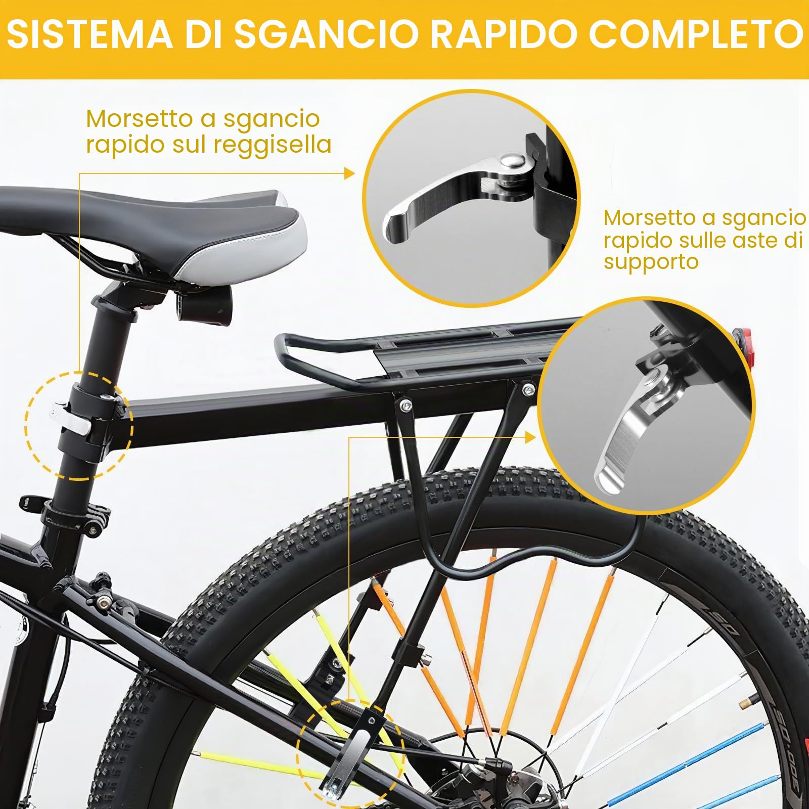 Portapacchi Posteriore Bici Regolabile, Portapacchi Bici in lega di alluminio con Riflettore e Parafango, Portapacchi per bicicletta con sgancio rapido per MTB da 24 a 29 Pollici, Capacità 50 kg