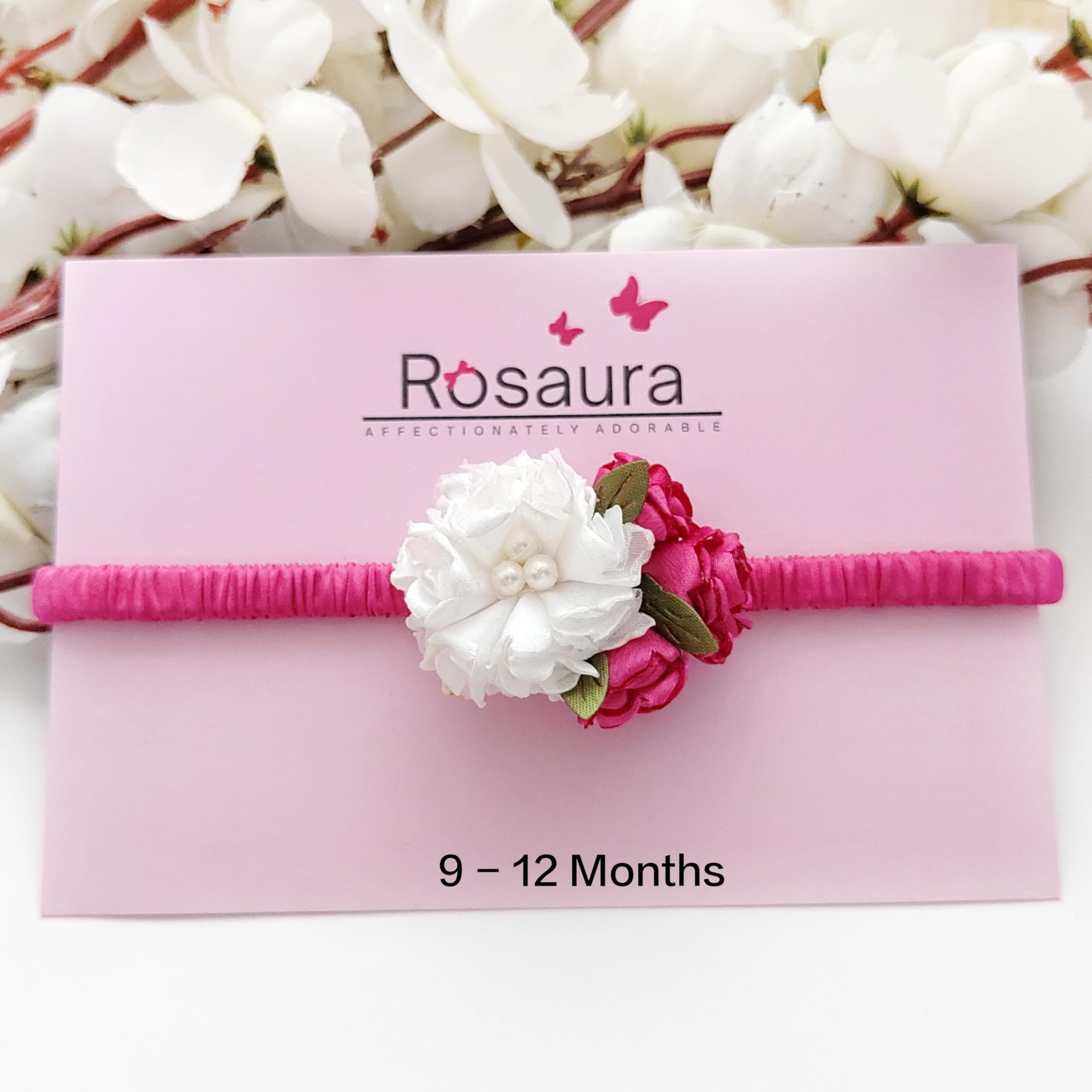 Rosaura Elastic Headband for Baby Girls | 9-12 Months| Floral Toddler Hairband | Flower Headband | White And Magenta Colour | Baby Headband | Soft Baby Headbands | Photo Prop Headbands [Pack Of 1]-picture-24