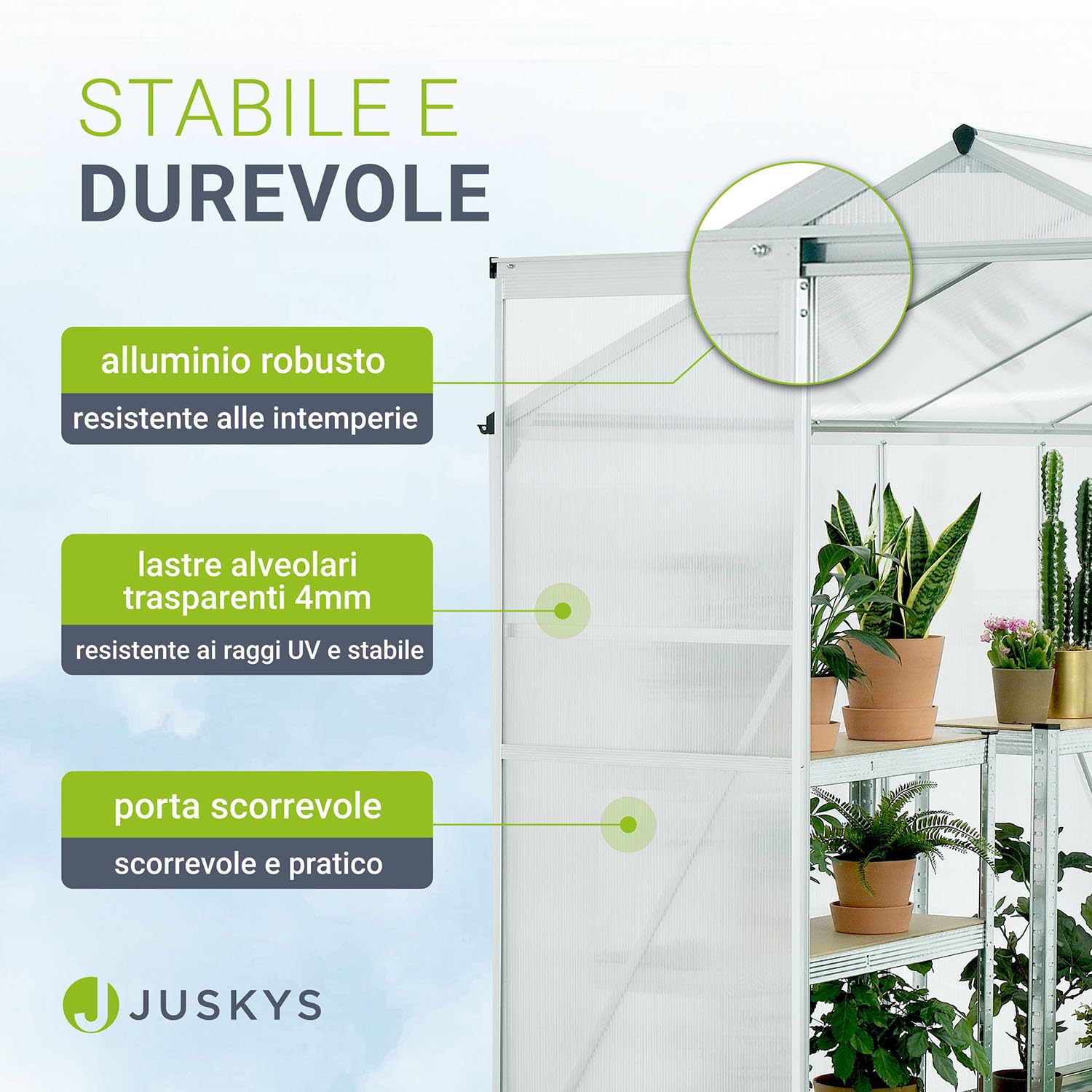 Juskys Serra in alluminio con fondazione 4,75 mq - 190 × 253 cm - 1 finestra sul tetto e porta scorrevole - pannelli da 4 mm - serra da giardino per piante