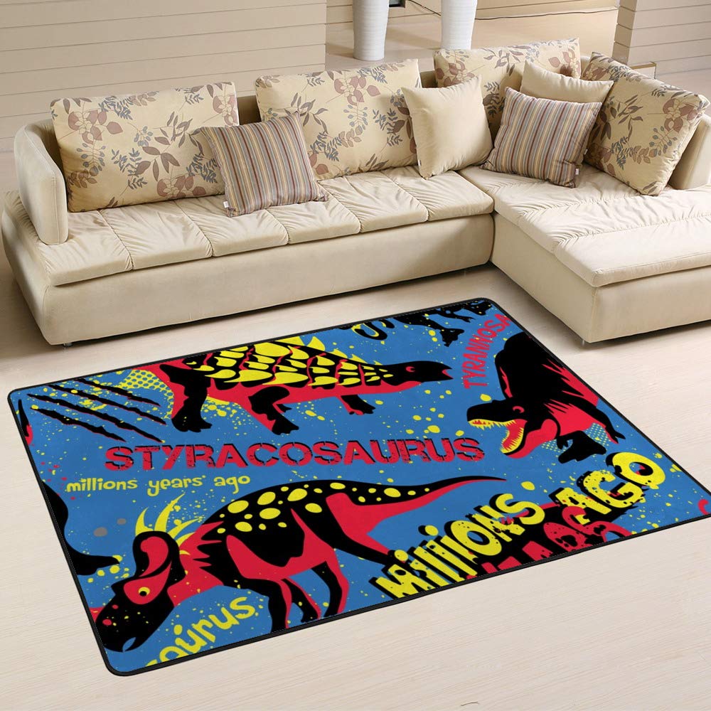 Tapis grunge dinosaure bleu grand modèle pour chambre ado et salon