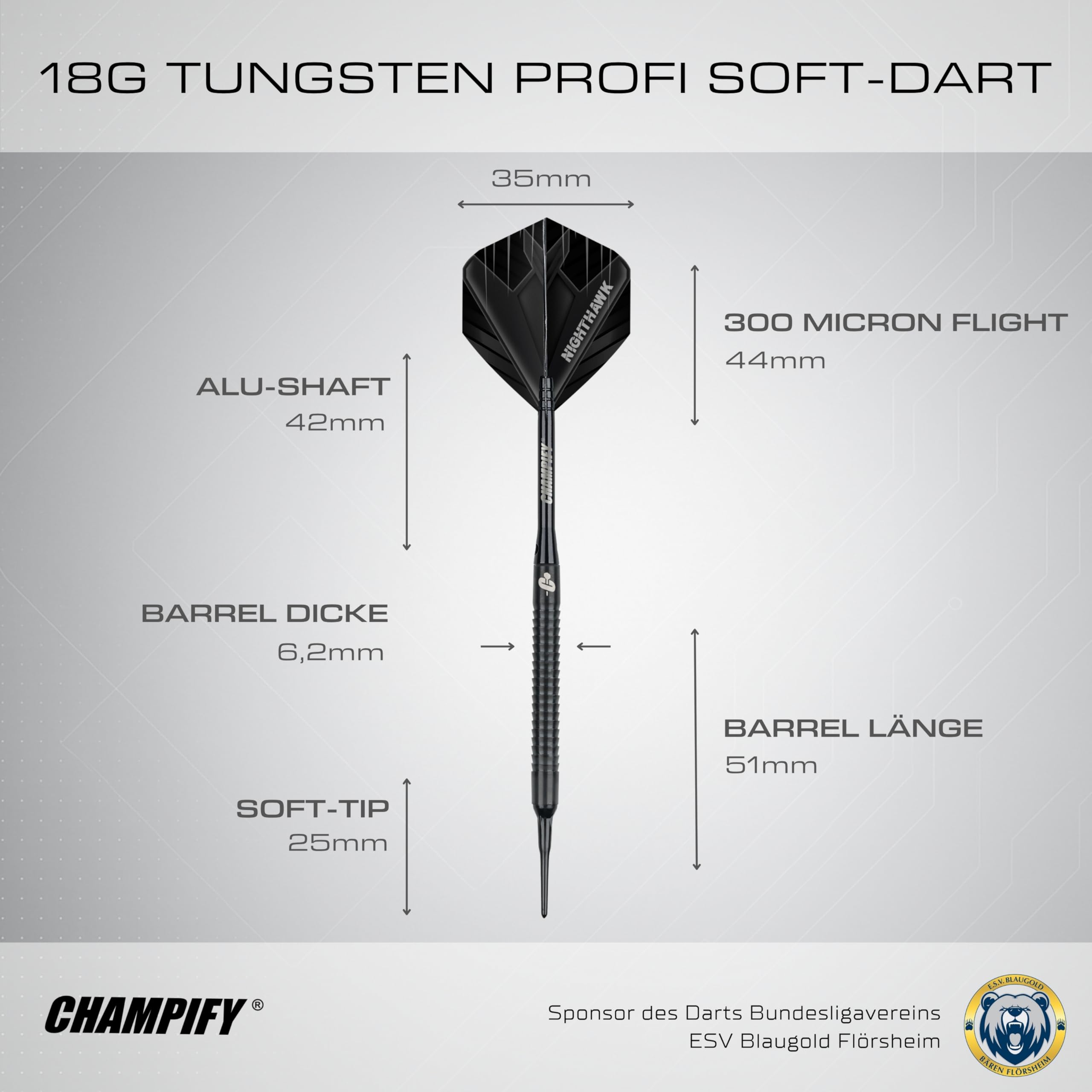 Champify® 18g Tungsten Soft-Darts Set “Nighthawk” mit Kunststoff-Spitze und schwarzer Darttasche | 3 Darts mit 9 Alu-Schäften & 9 Flights & 30 Softdart-Spitzen | Dartpfeile mit Plastik-Spitzen