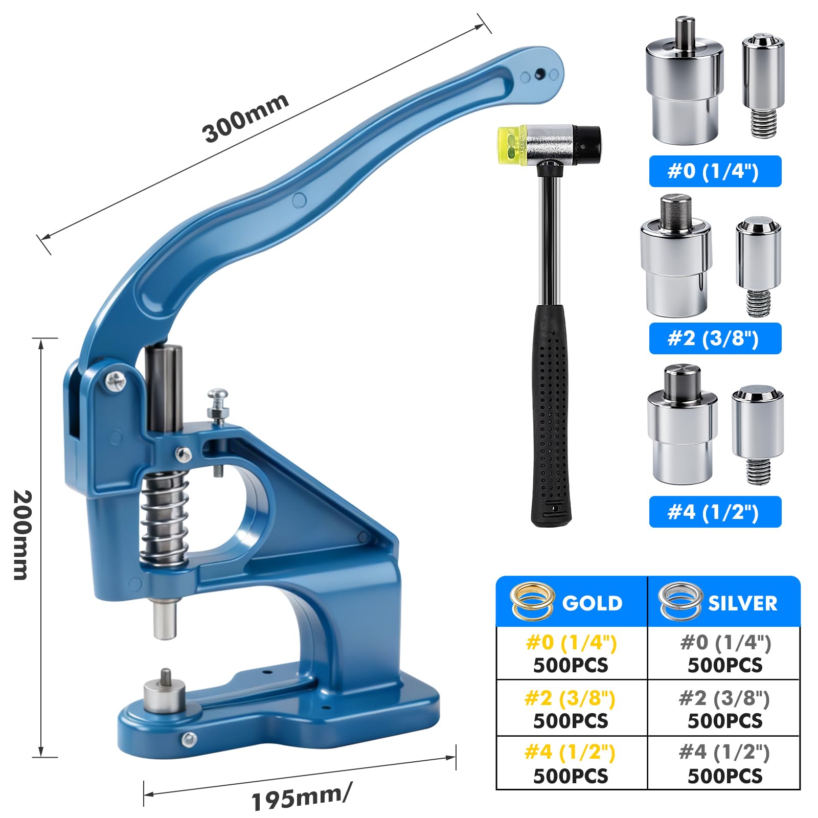 Máquina manual de ojales con ojales, herramienta de perforación manual con troqueles de 6/10/12 mm y 9000 ojales (plata/dorado), herramienta de ajuste de ojales resistente para