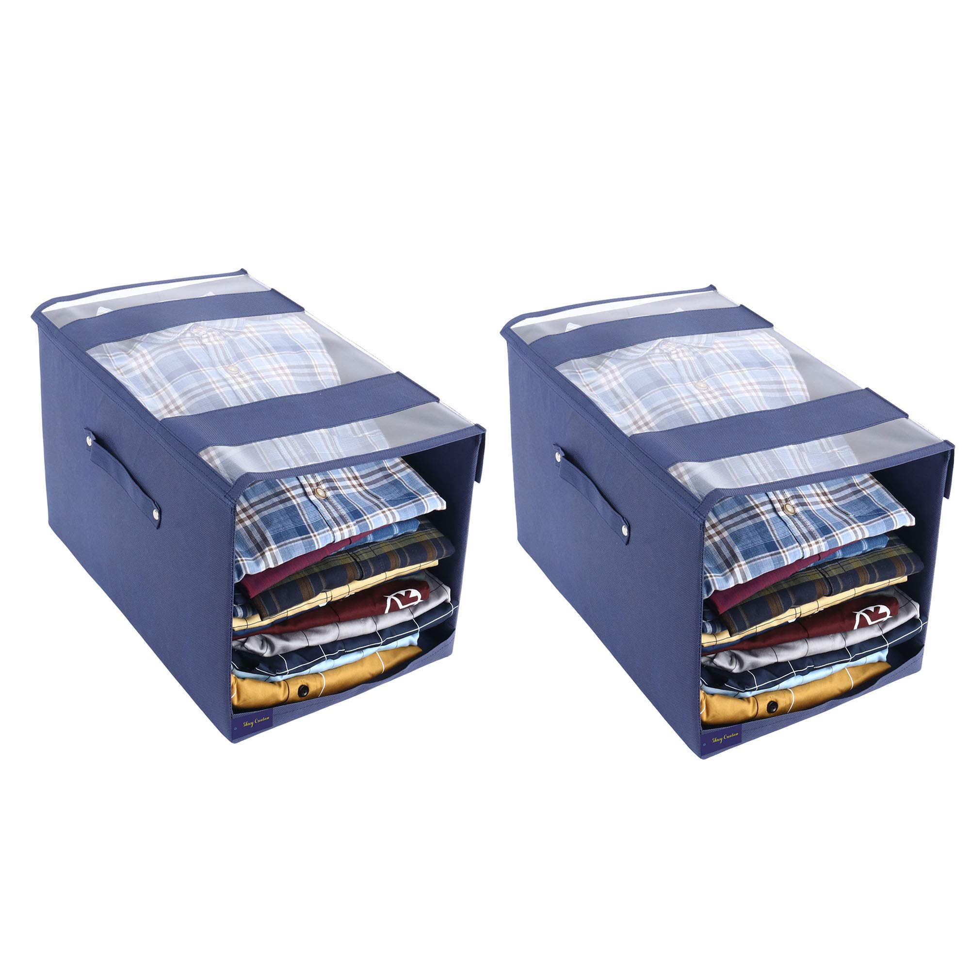 SHREY CREATIONNon Woven Shirt Stacker, Shirt Organizer Wardrobe Organizer-Navy Blue- Pack of 2