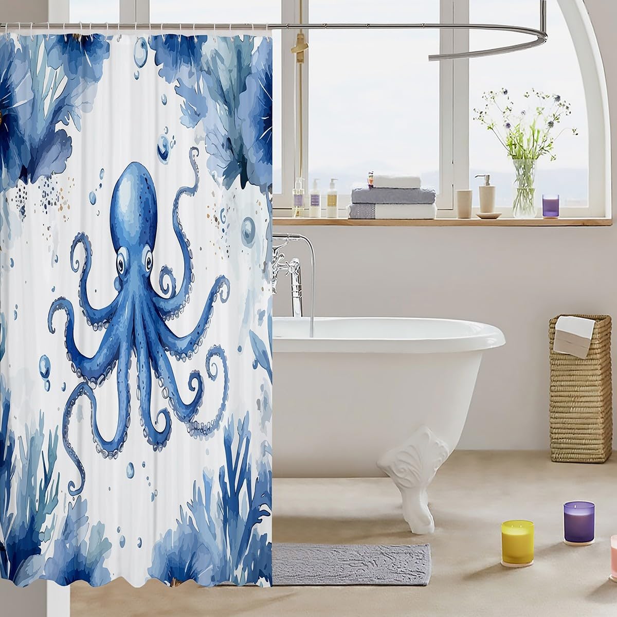 jejeloiu Octopus Shower Curtain for Bathroom Decor Summer Coastal Nautical Bath Curtain for Kids Boys Girls Room Decor Bathroom Waterproof Accessories with 12 Hooks Sea Animals Soft Microfiber 72"x78"