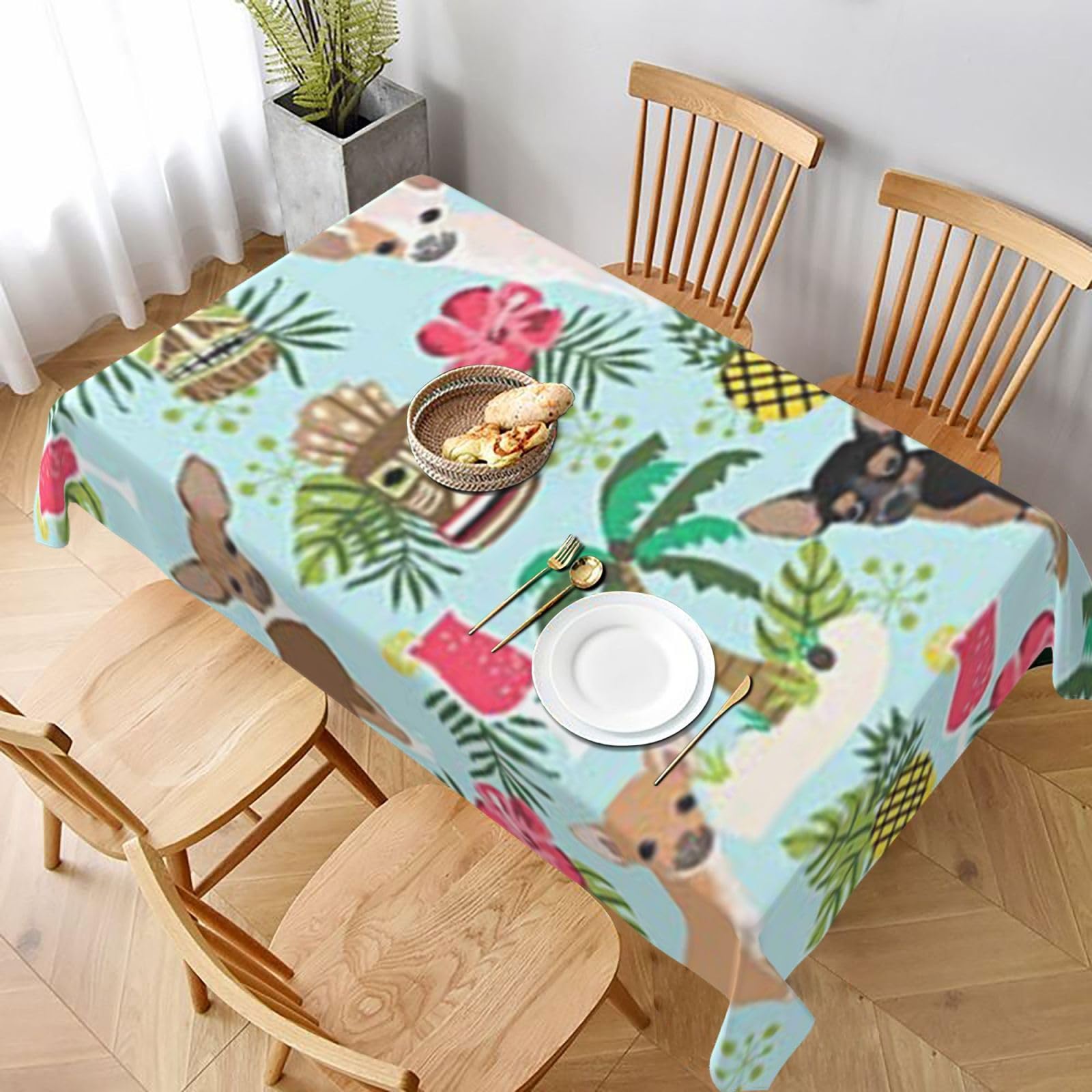 BNVSADC Chihuahua Dog Pineapple Printed Rectangle Tablecloth 228x152 CM, Water Resistant Polyester Table Cloth Decorative Fabric Table Covers for Kitchen Dining Table Parties Camping