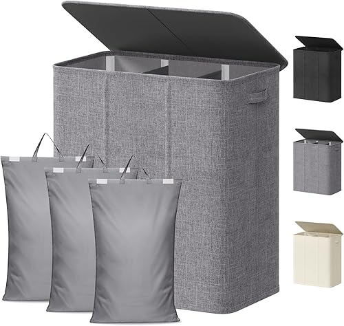 Miniatura 28 de Lifewit Cesta de lavandería doble con tapa y bolsas de lavandería extraíbles, gran plegable, 2 divisores, cesta de ropa sucia con asas para Negro