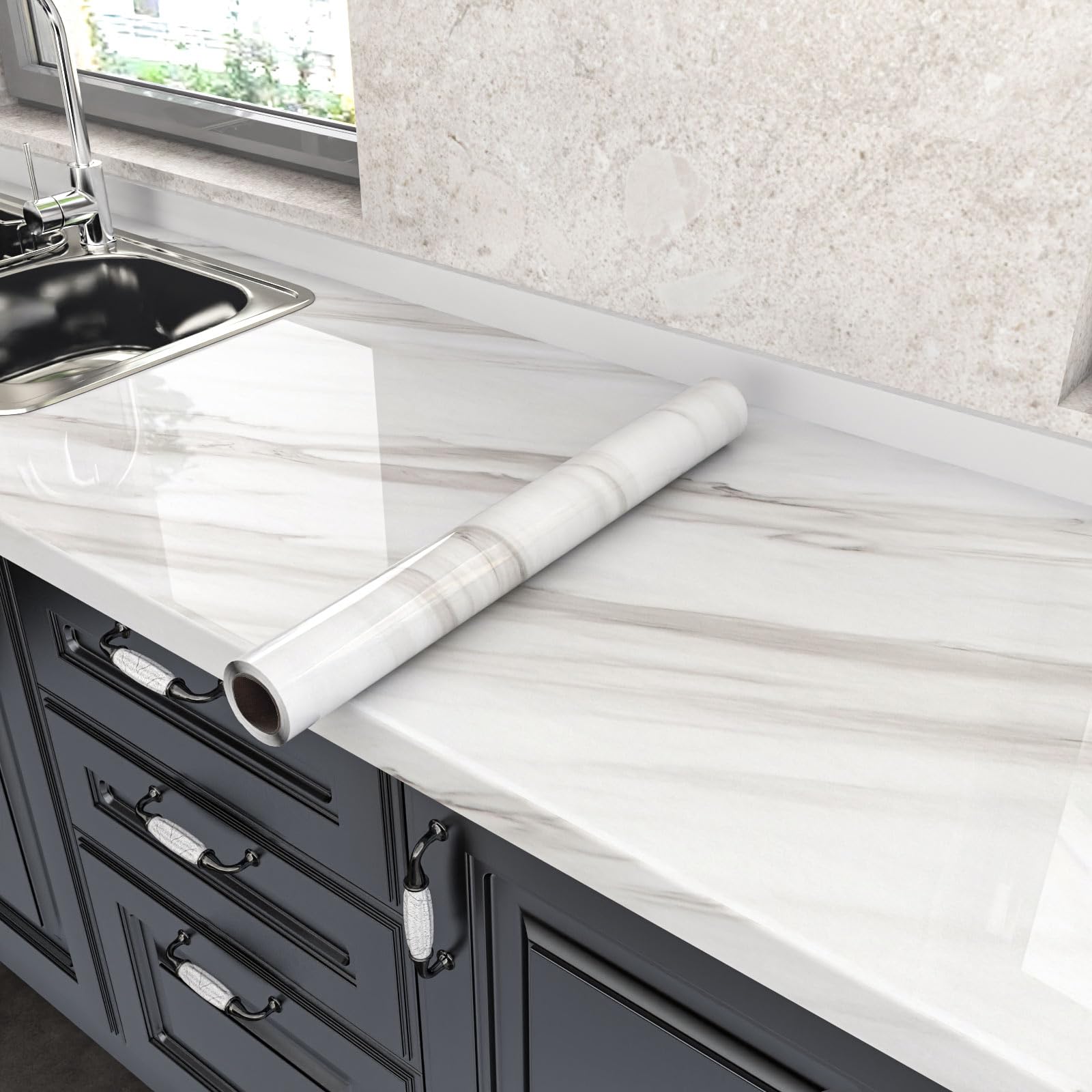 Yenhome 76cmx3m Contact Paper For Countertops Adhesive Covering Grey Waterproof Marble Contact Paper Peel And Stick Countertops Glossy Marble Wallpaper Stick And Peel Decorative Kitchen Bathroom - View #3