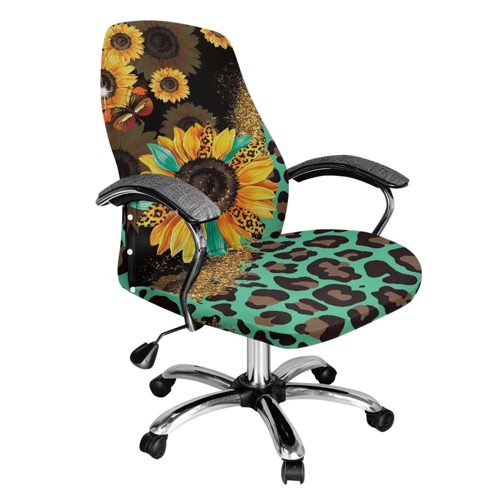 Wanyint Funda elástica para silla de oficina con estampado de girasol y leopardo, color verde, para silla de escritorio, silla de computadora, funda protectora para silla de oficina giratoria con