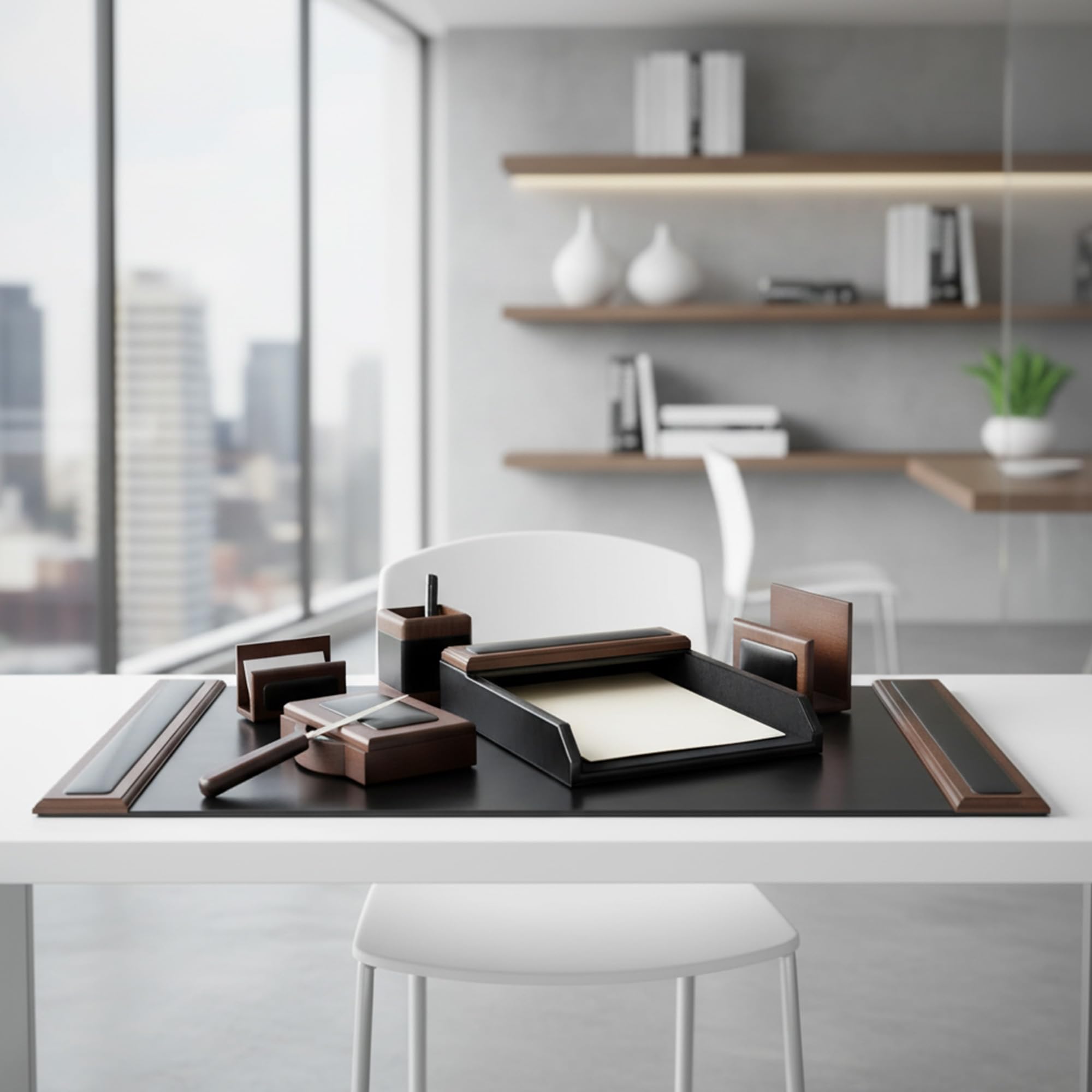 Dacasso Set da scrivania, Noce e Nero in Pelle, Pezzi, legno, walnut and black leather