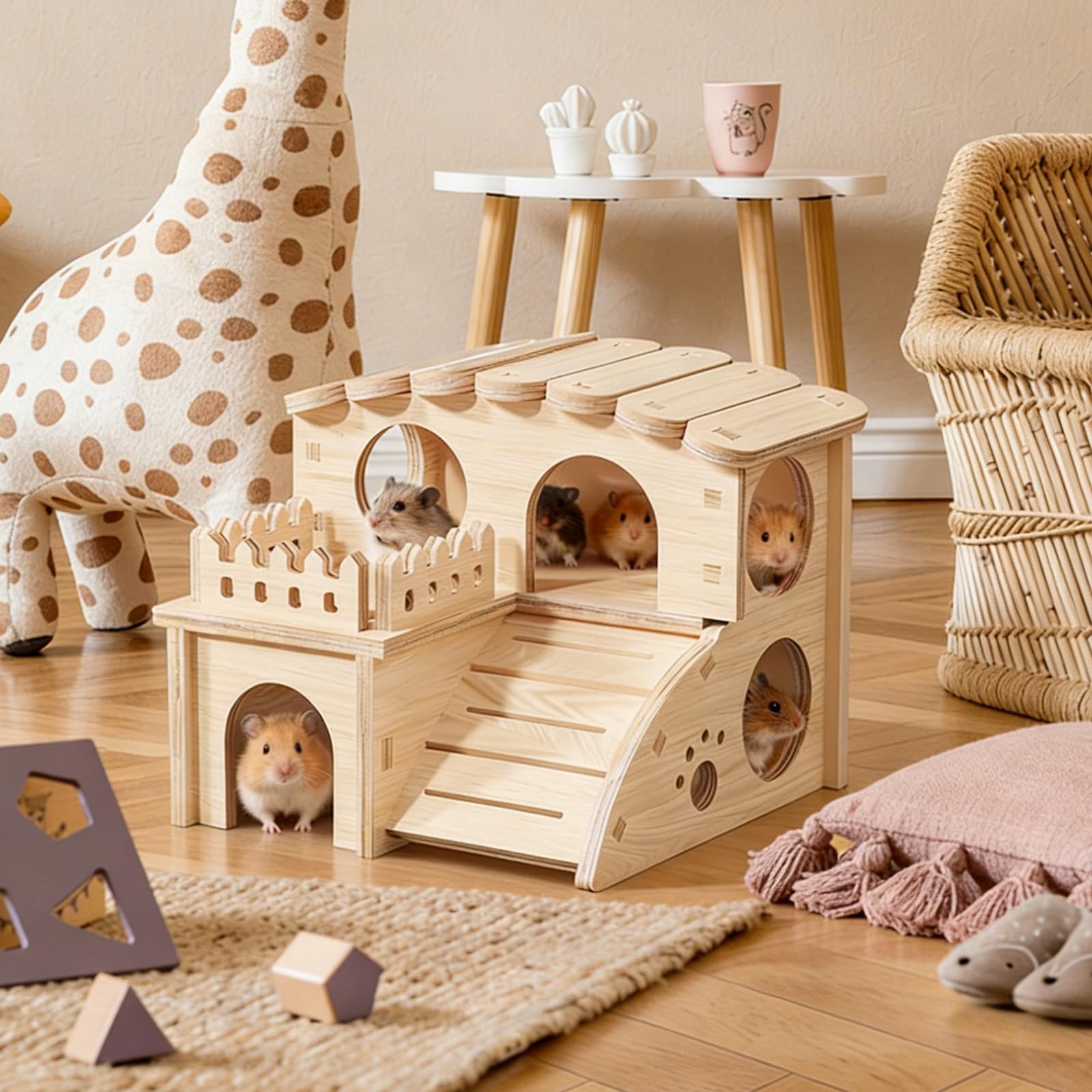 Casa di legno per criceti, casa per conigli, casa per criceti, casa per criceti con rampa, nascondiglio per animali piccoli, criceti conigli, accessori per animali domestici, criceto nano, gerbilli
