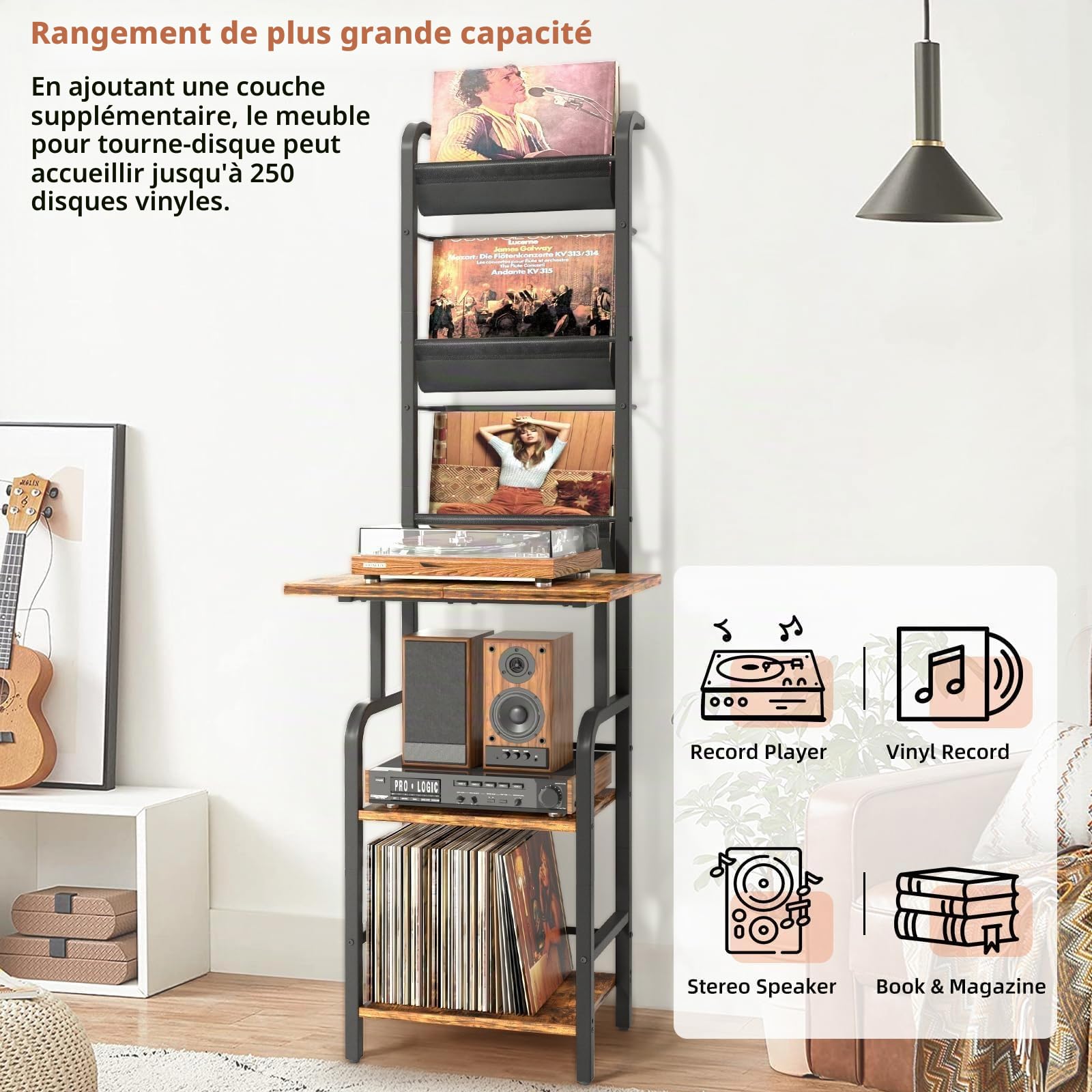 Bikoney Meuble Tourne-disque Haut avec Rangement Vinyle – Table Tourne-disque avec Étagère Murale, Support à Vinyles pour Jusqu’à 200 Albums, Meuble de Rangement pour Salon ou Chambre